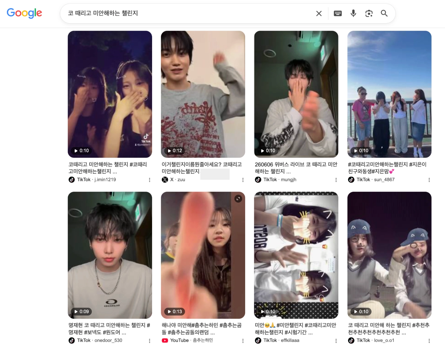 이미지 = 구글 ‘코 때리고 미안해하는 챌린지’ 검색 화면 캡처 (https://www.google.com/search?q=코+때리고+미안해하는+챌린지&)