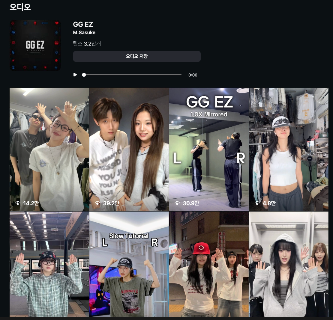 이미지 = 인스타그램 ‘GG EZ - M.Sasuke’ 오디오 화면 캡처 (https://www.instagram.com/reels/audio/1455675026308871/?hl=ko)