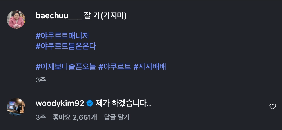 이미지 = 인스타그램 ‘@baechuu___’ 채널 릴스 댓글 캡처 (https://www.instagram.com/reel/DaB5j9Hzazx/)