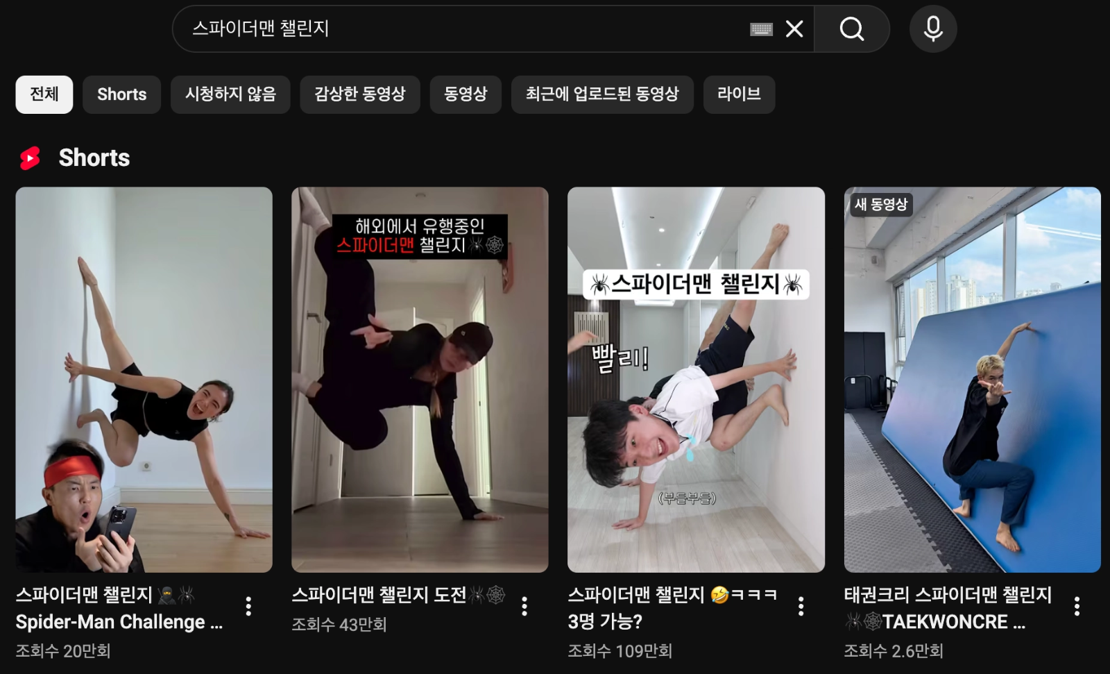 이미지 = 유튜브 ‘스파이더맨 챌린지’ 검색 화면 캡처 (https://www.youtube.com/results?search_query=스파이더맨+챌린지)