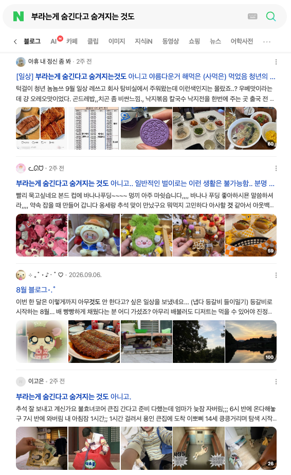 이미지 = 네이버 ‘부라는게 숨긴다고’ 검색 화면 캡처 (https://search.naver.com/search.naver?where=nexearch&sm=top_hty&fbm=0&ie=utf8&query=부라는+게+숨긴다고&ackey=a55lj9ey)