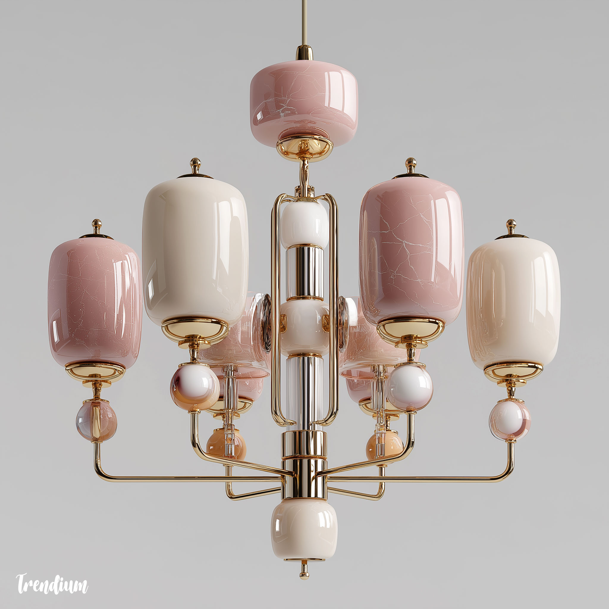 [prompt] Baroque chandelier reimagined in Dieter Rams style, simplified rectilinear form, neutral tones with pastel accents, honest materials, functional elegance --style raw --v 7 --stylize 300