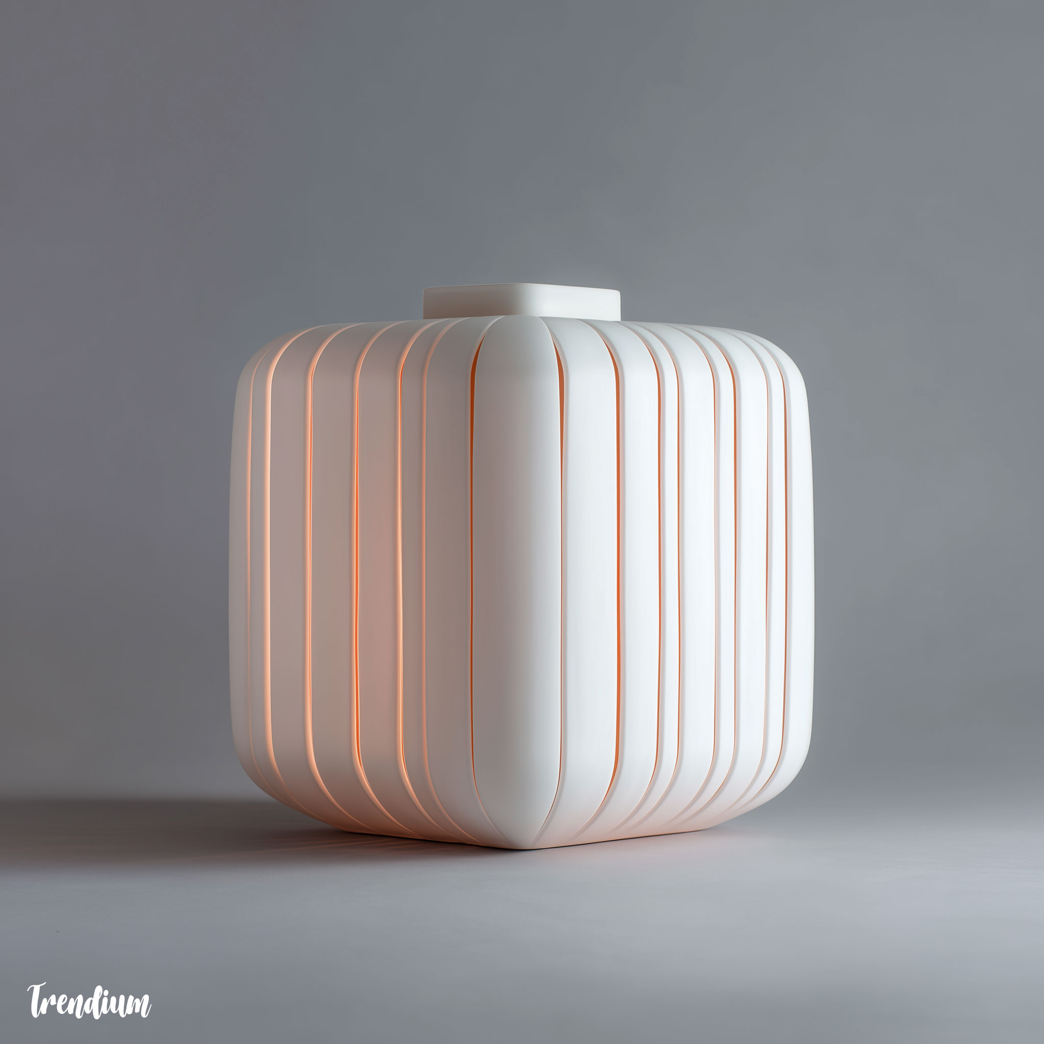 [prompt] White porcelain moon jar redesigned in Rams aesthetic, rectilinear cubic modular form, neutral matte white tones with pastel pink accent lines, cinematic studio lighting --v 7