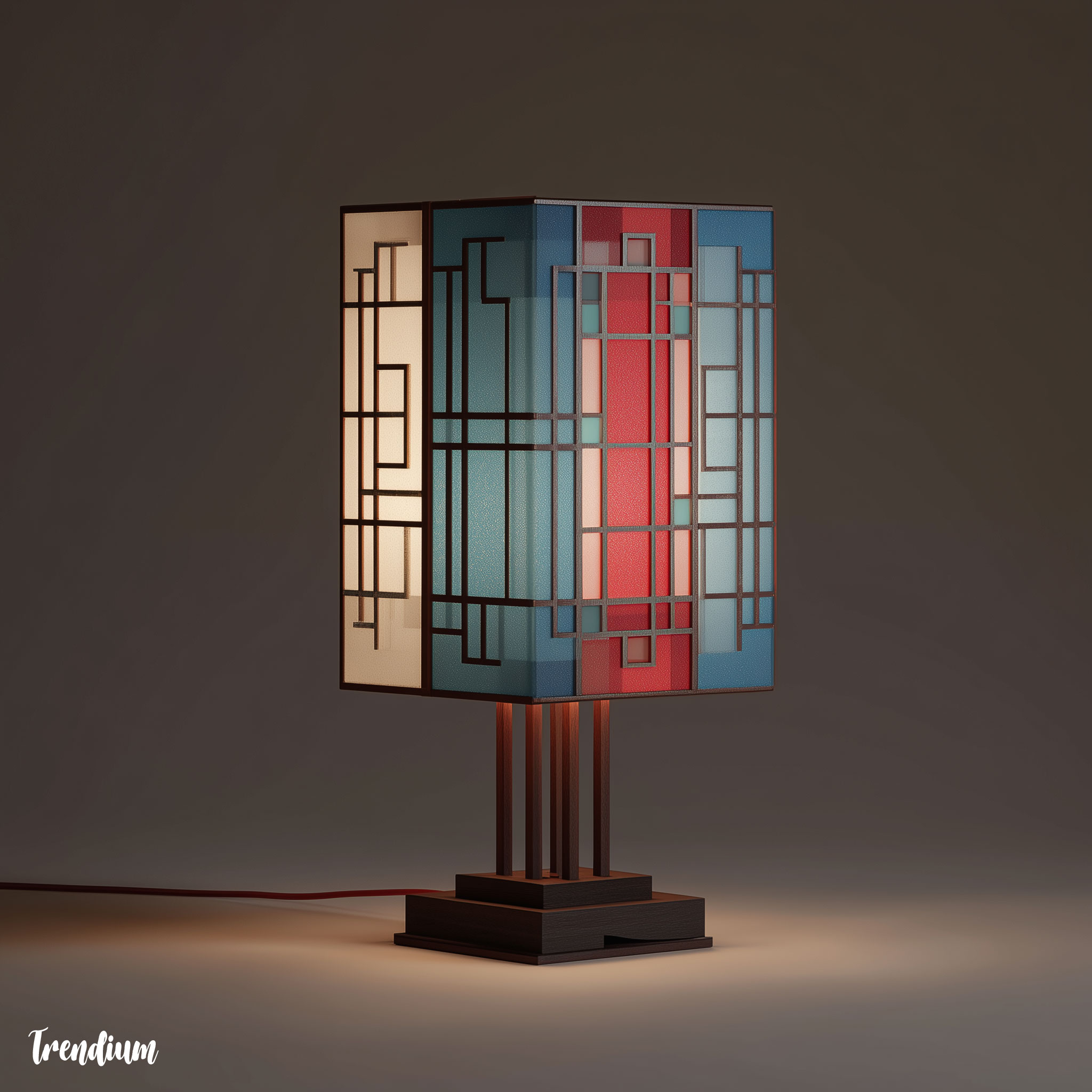 [prompt] Table lamp inspired by Korean temple dancheong roof patterns, Rams rectilinear modular frame, neutral tones with pastel red and blue accents, cinematic lighting --v 7