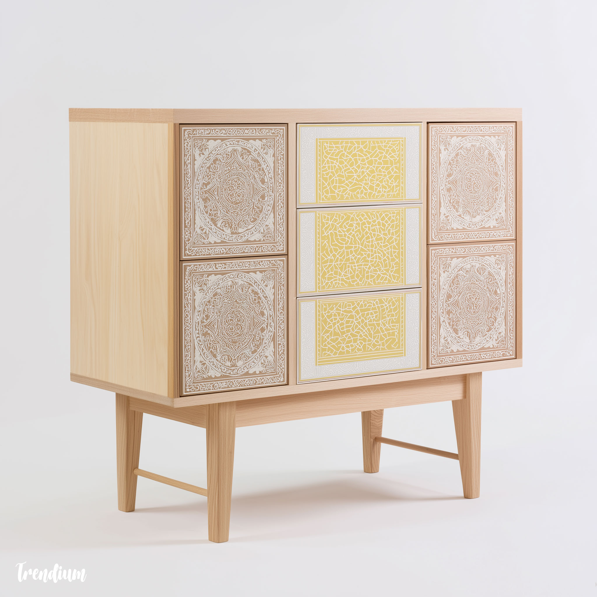 [prompt] Traditional Korean chest with ornate patterns redesigned in Dieter Rams style, neutral wood body, flat modular surfaces, pastel accent panels, honest material finish --style raw --v 7