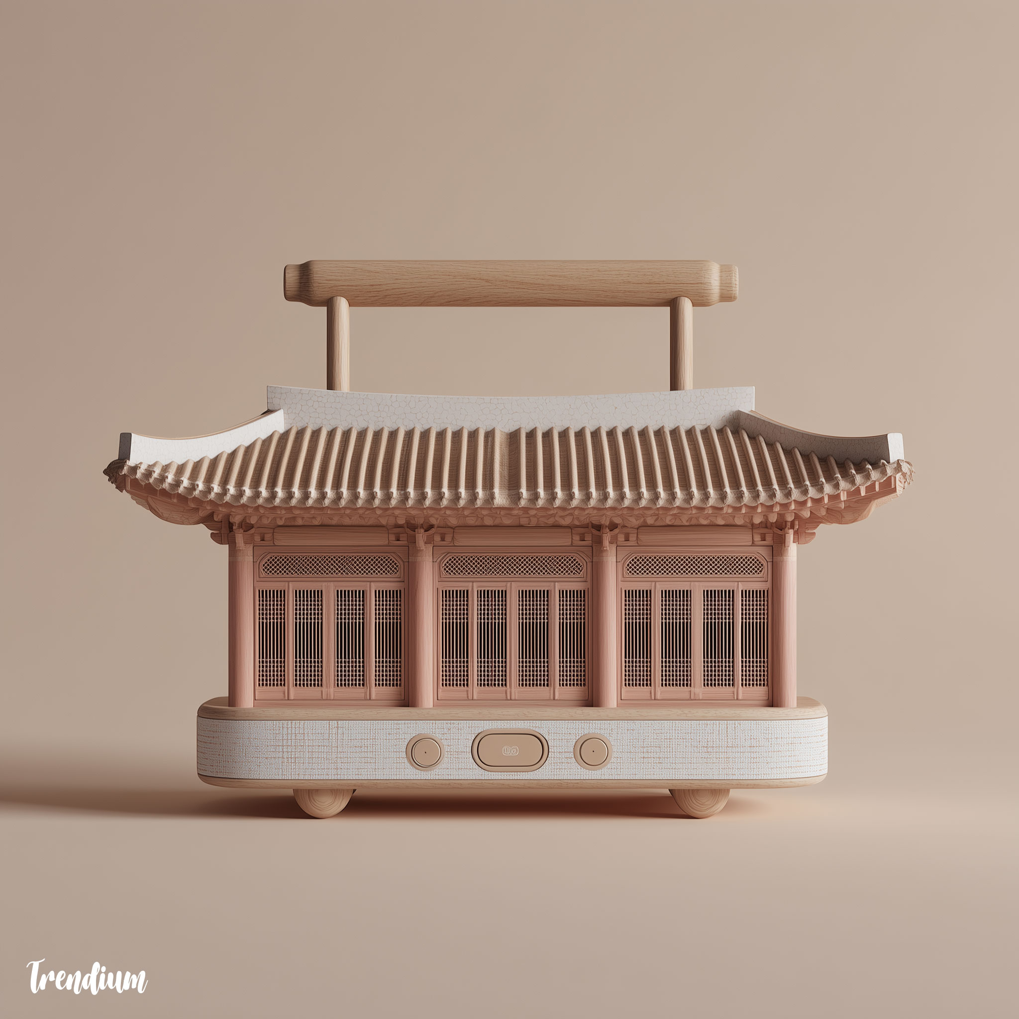 Portable speaker inspired by Gyeongbokgung palace gates, Rams minimalist modular body, neutral natural wood with pastel highlight lines, photorealistic studio shot --style raw --v 7