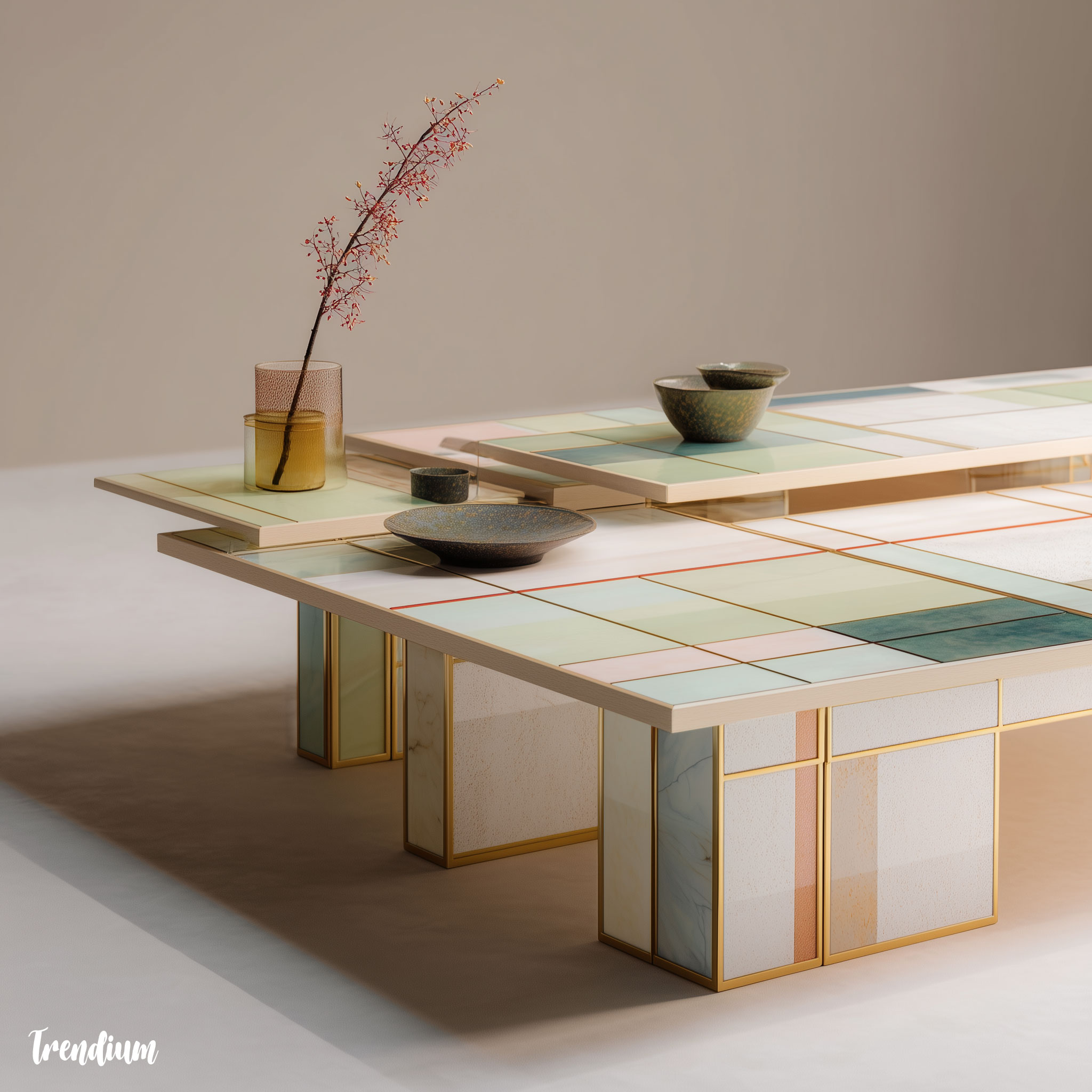 [prompt] Coffee table inspired by Korean folding screen (byungpung), Rams-style rectilinear modular panels, neutral palette, pastel highlights, photorealistic detail --v 7