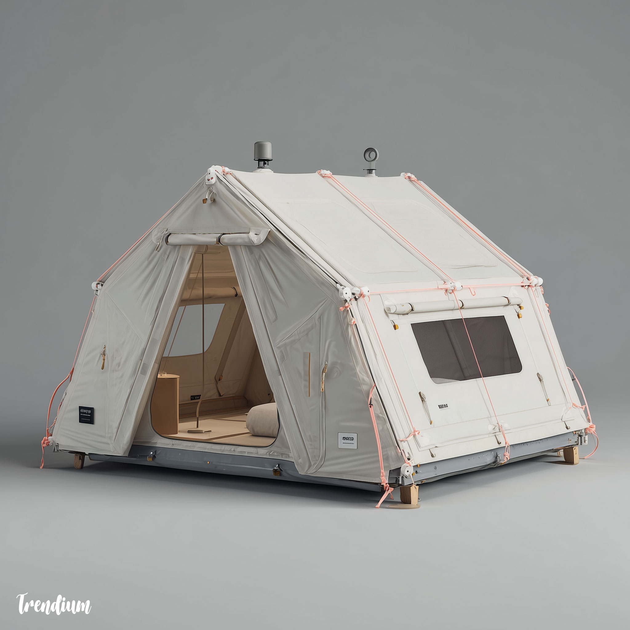 [prompt] Camping tent reinterpreted by Dieter Rams, rectilinear modular panels, neutral white and grey tones, pastel accent ropes, functional modernist aesthetic --style raw --v 7 --stylize 200