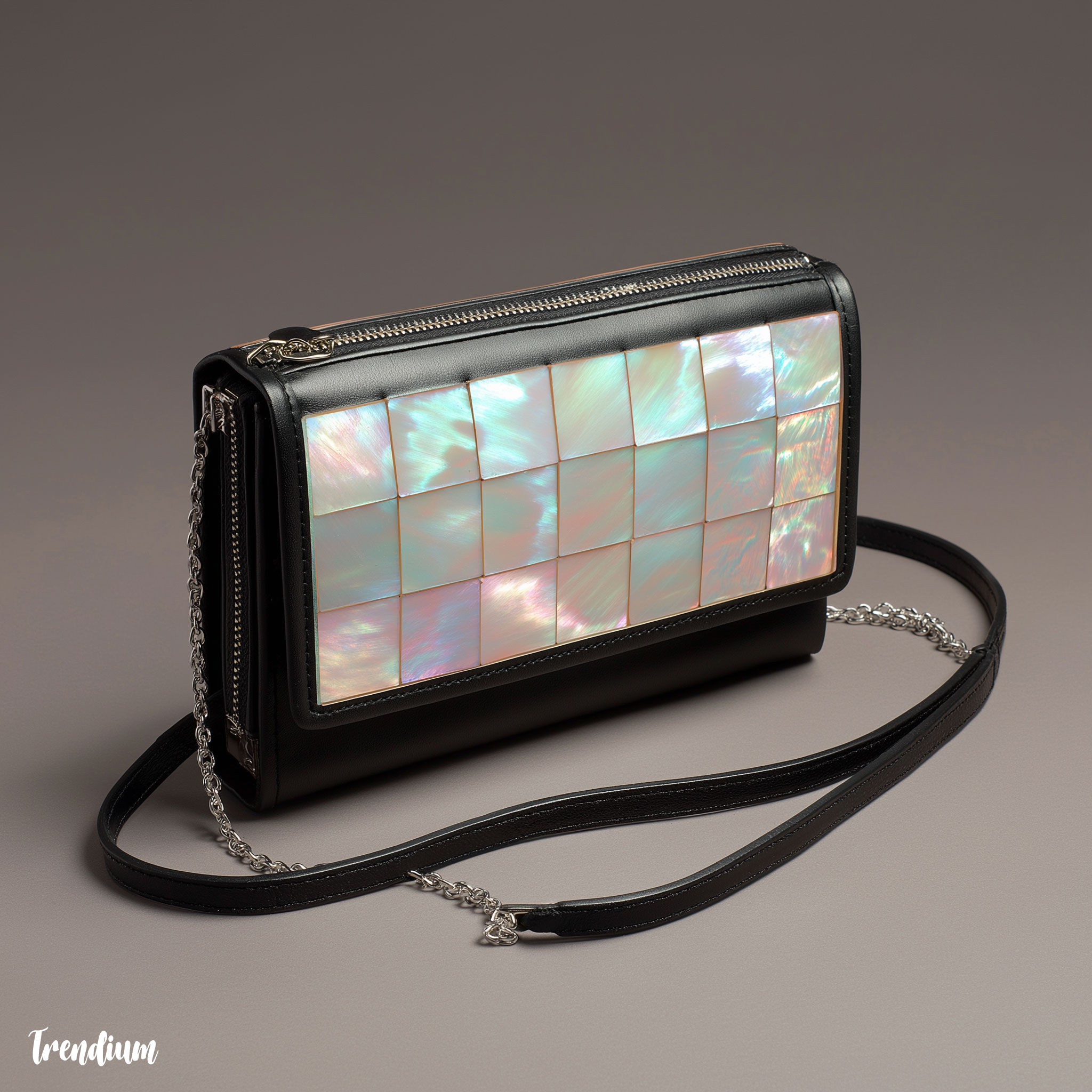 [prompt] Clutch bag with Korean mother-of-pearl (najeonchilgi) inspiration, Rams minimalist modular slim form, neutral matte black body with pastel iridescent highlights, photorealistic macro shot --style raw --v 7