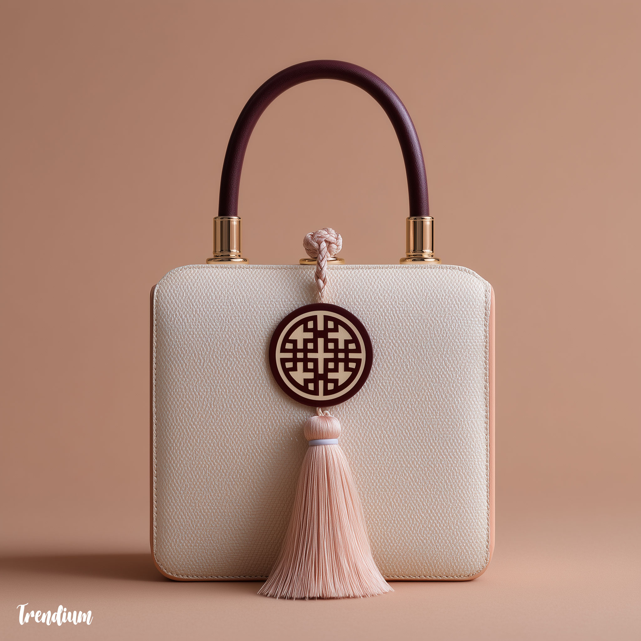 [prompt] Handbag reimagined with Korean norigae motif, Rams minimalist box form, neutral body with pastel accent tassel detail, photorealistic studio lighting --style raw --v 7 --stylize 123