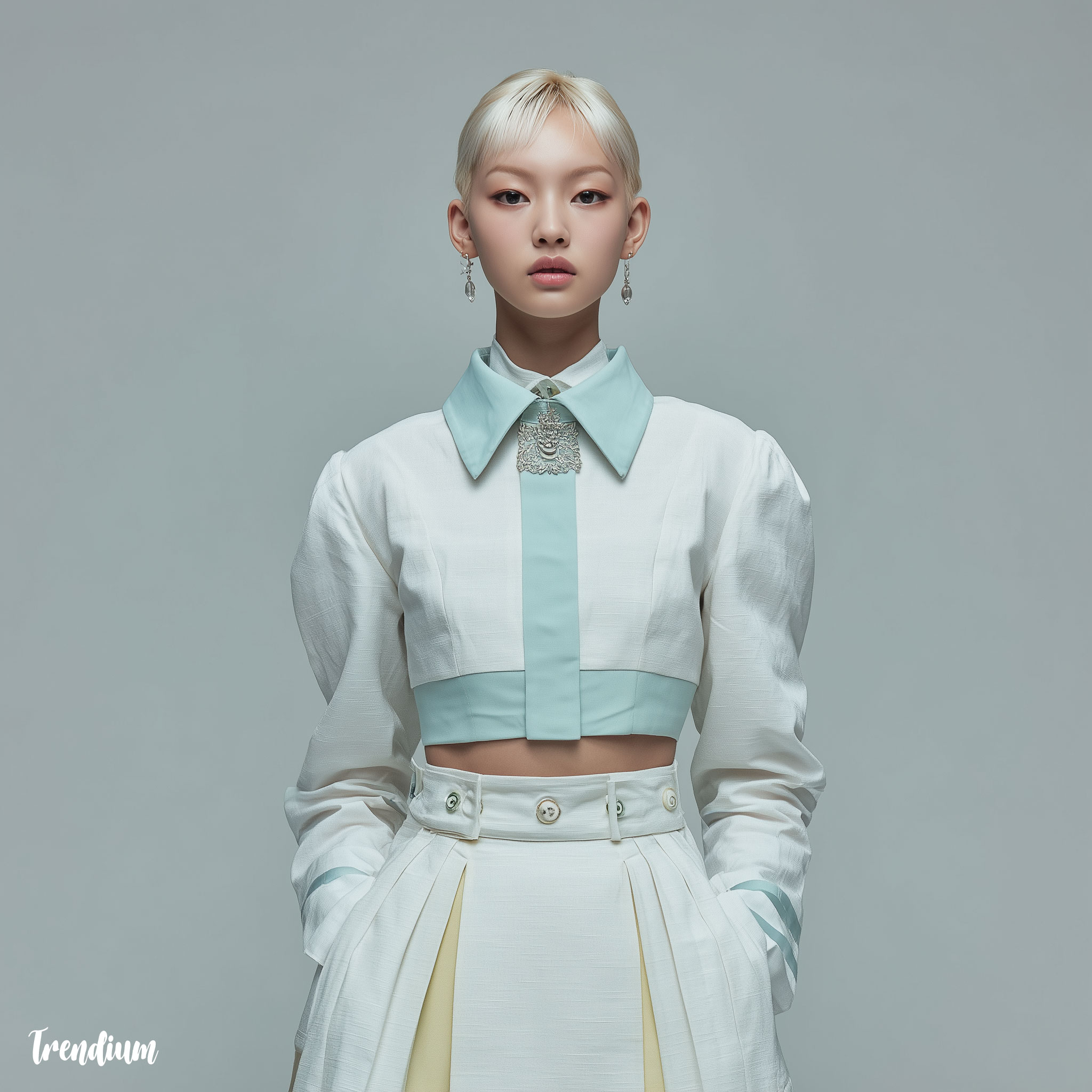 [prompt] Hanbok jeogori-inspired cropped jacket, Rams aesthetic flat modular form, neutral white fabric with pastel mint collar accents, photorealistic studio shot --style raw --v 7 --stylize 200