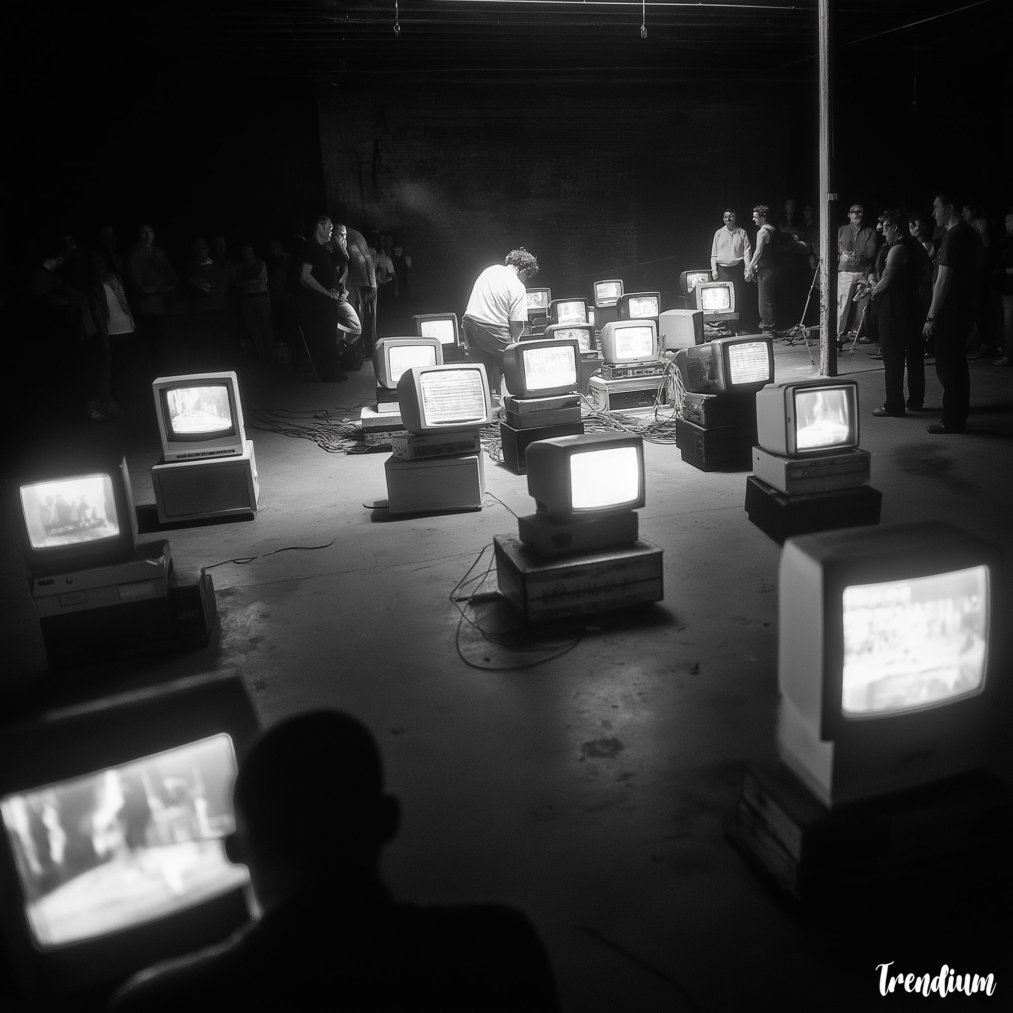 [prompt] Fluxus-inspired performance with CRT monitors and Portapak cameras, experimental chaos and audience interaction --v 7