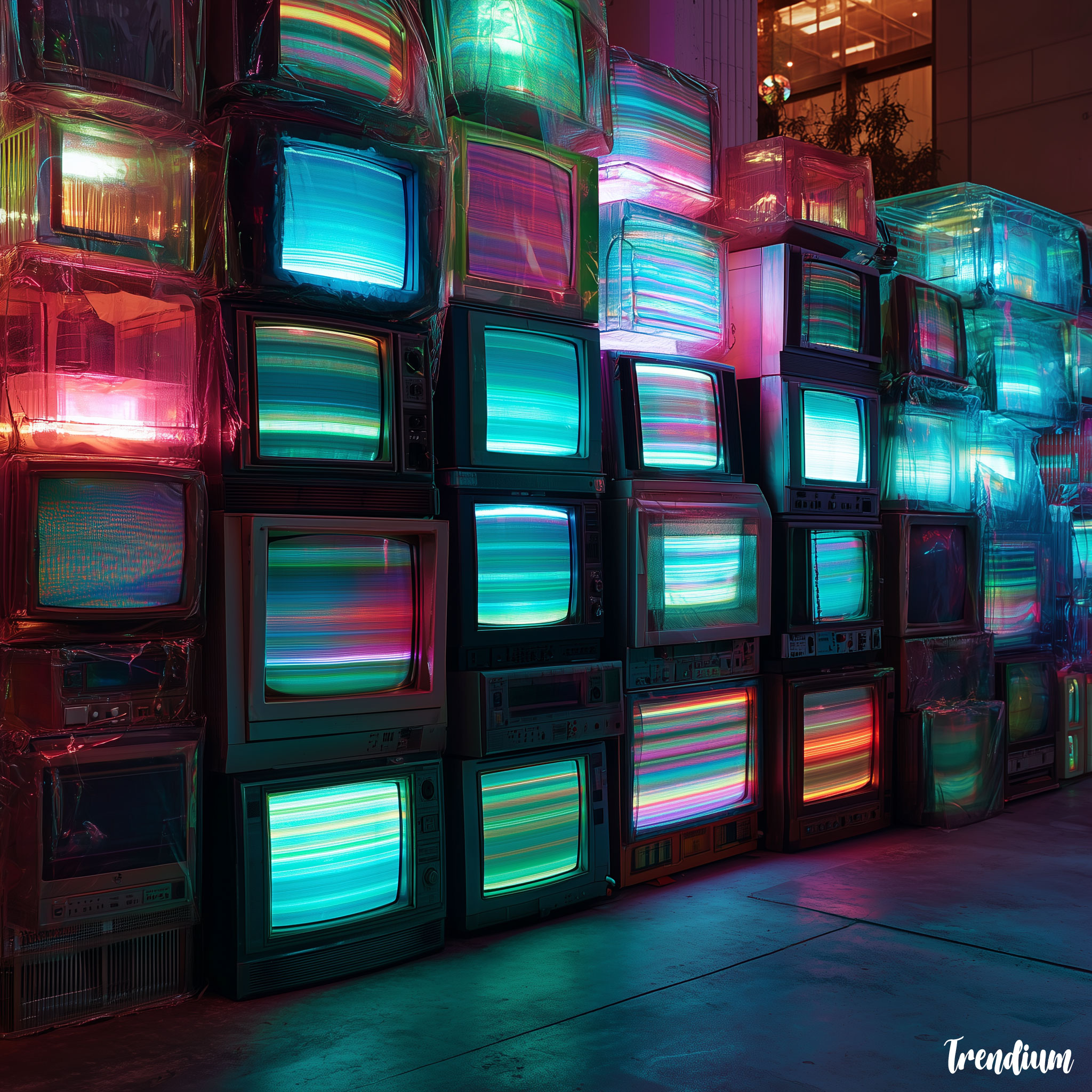 [prompt] A futuristic art installation made of stacked CRT televisions showing distorted neon signals, glitch aesthetics, experimental media art style --v 7