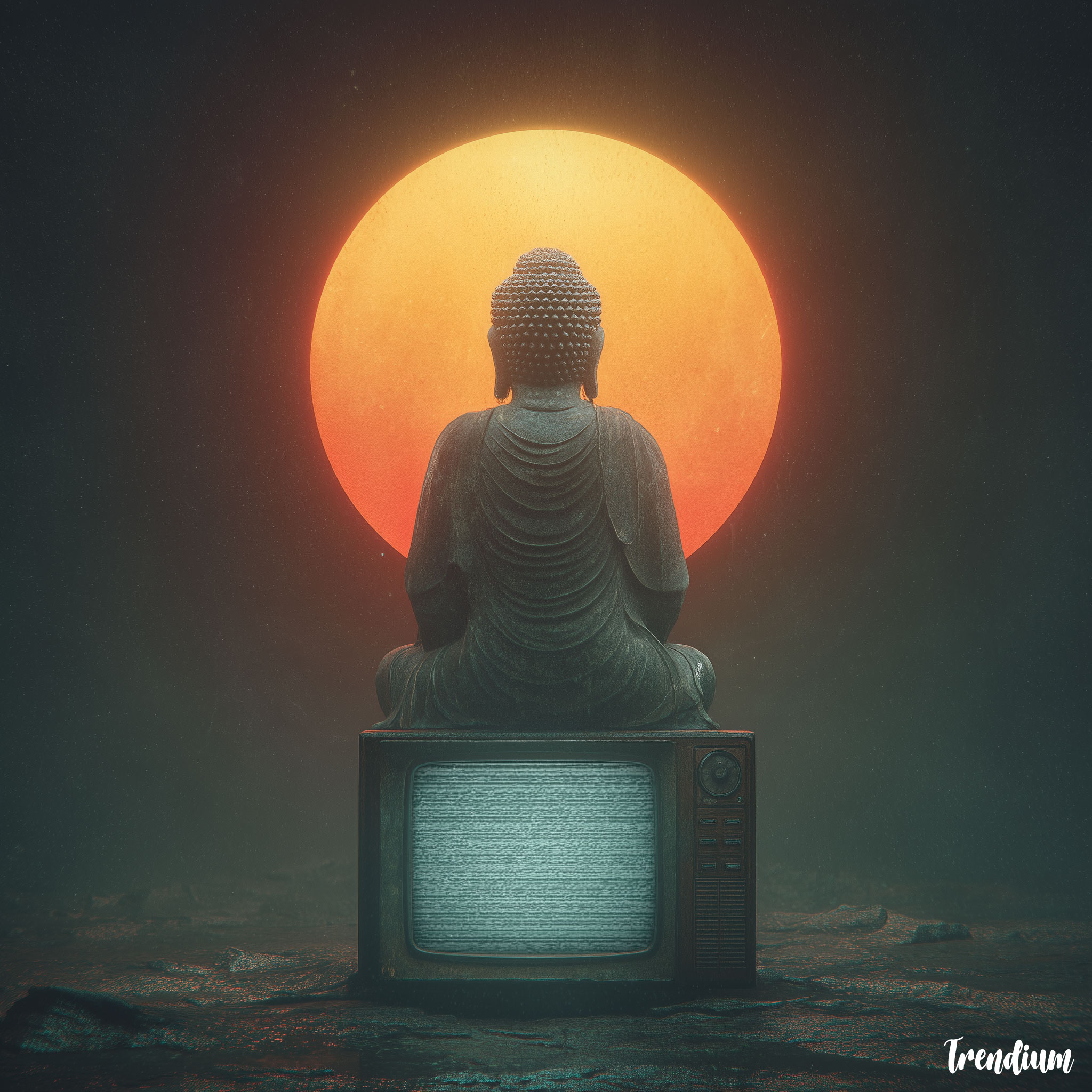 [prompt] A serene Buddha statue watching a glowing TV screen, fusion of Eastern philosophy and electronic media --v 7