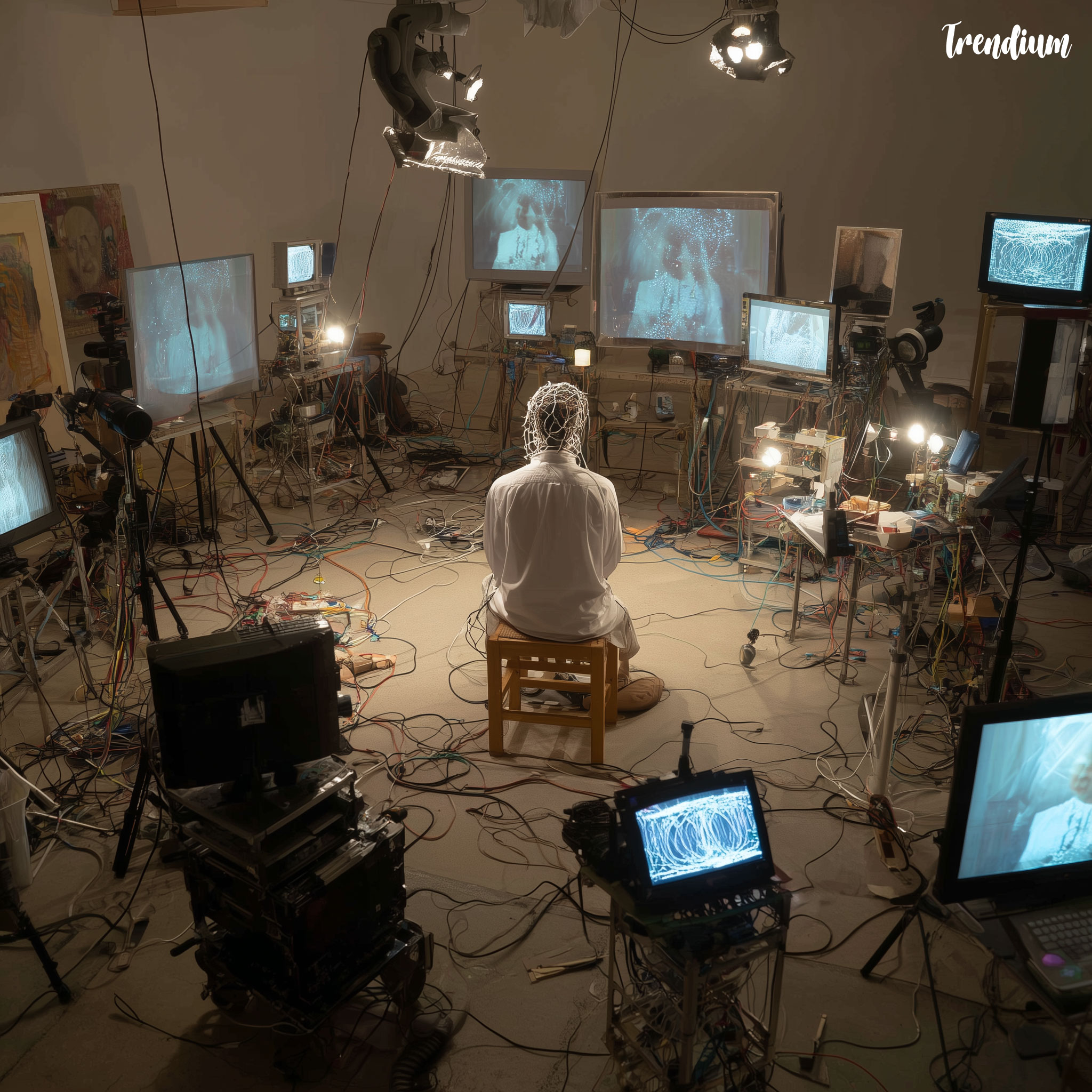 [prompt] Performance artist surrounded by cameras and monitors, real-time video feedback loops --v 7