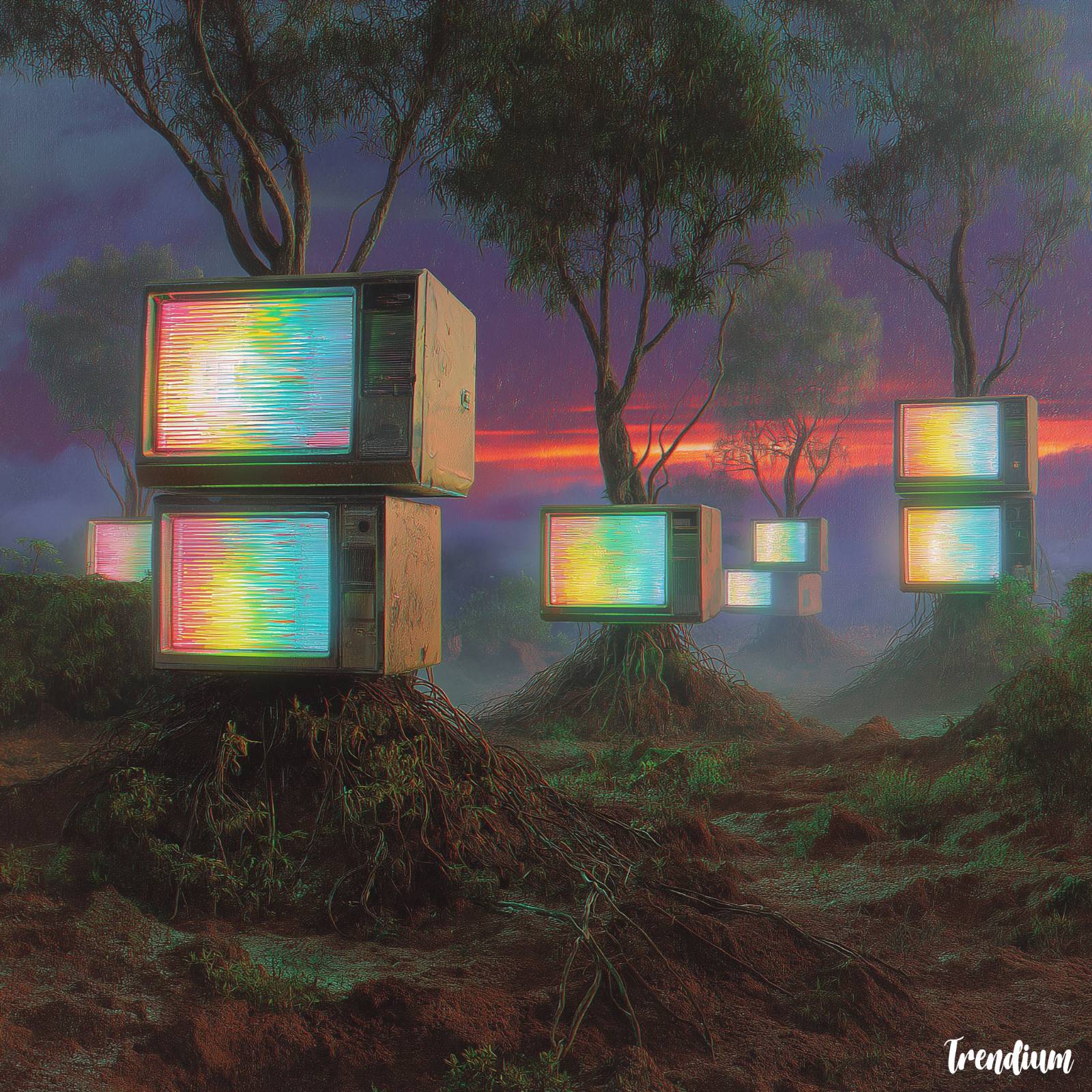 [prompt] A surreal landscape where giant CRT televisions grow like trees, their screens flickering with glitch signals, Nam June Paik inspired media forest --style raw --v 7 --stylize 200