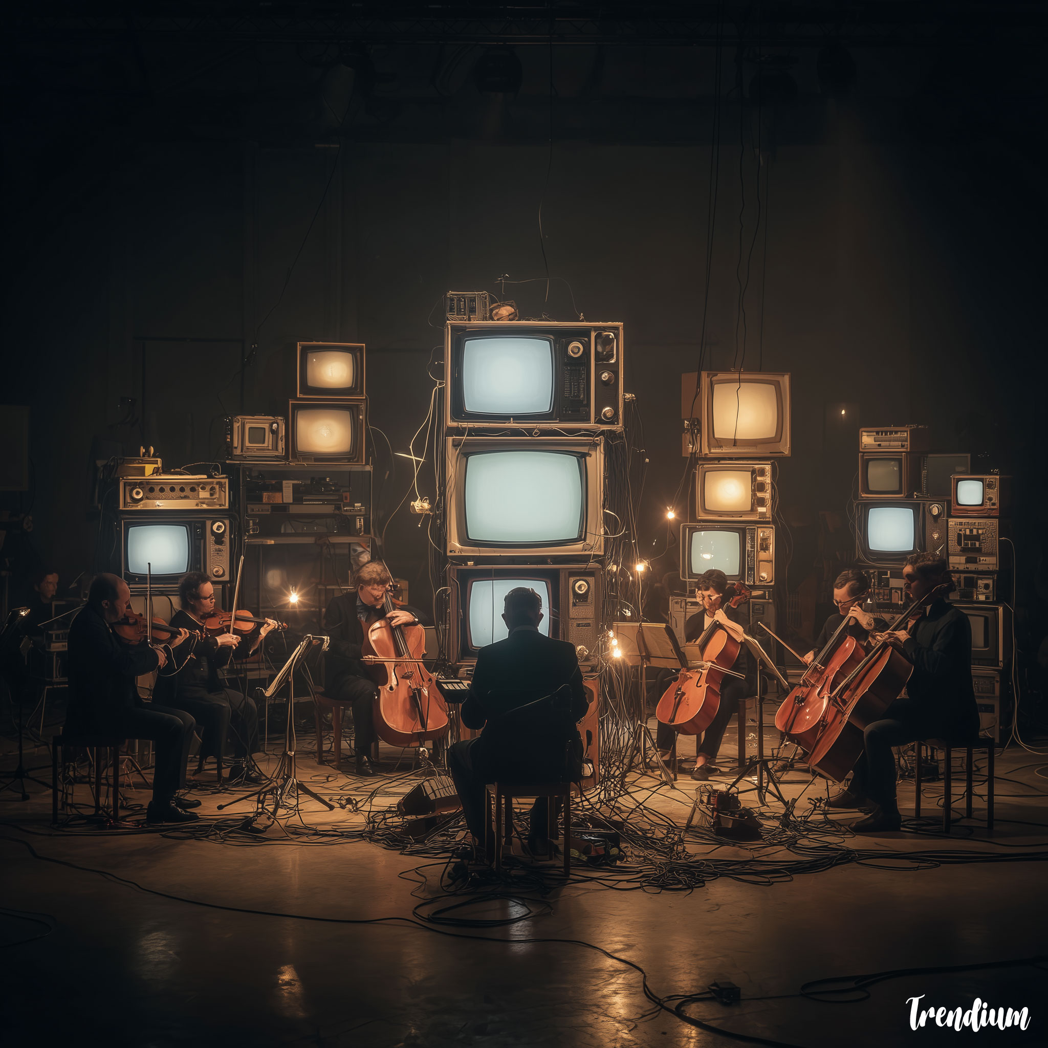 [prompt] A classical orchestra performing with instruments made of vintage televisions and wires, playful yet avant-garde media art scene --v 7