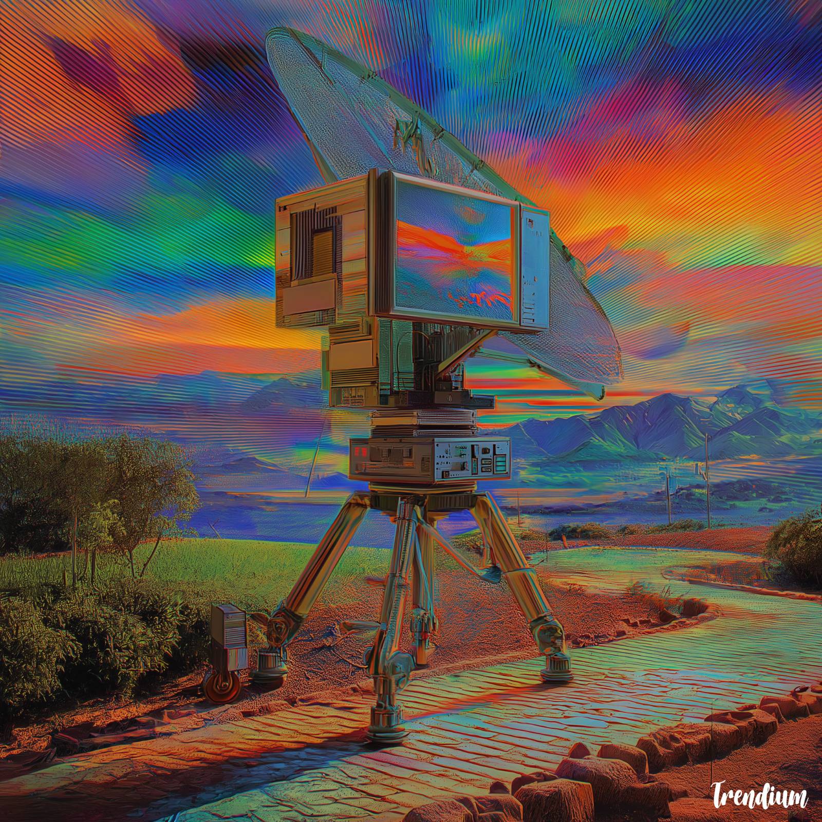 [prompt] Satellite transmitting colorful video art across the globe, 1980s retro-futuristic mood, Nam June Paik inspired --v 7