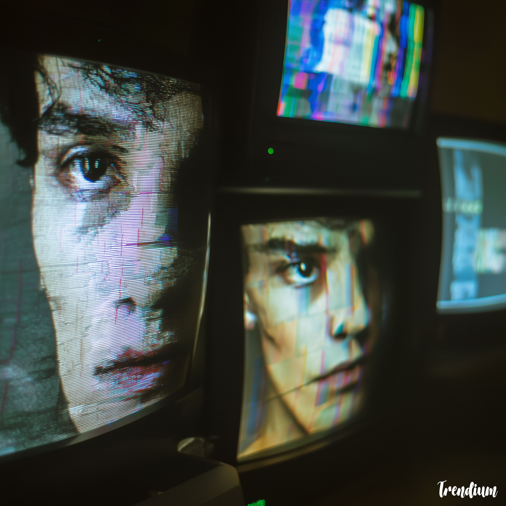 [prompt] Glitch art portrait on multiple CRT screens, fragmented digital identity, surreal style --v 7