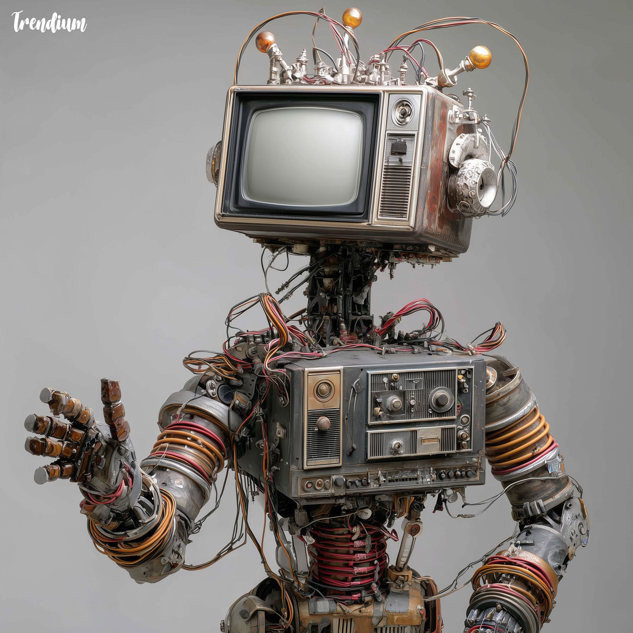 [prompt] Robot K-456 style humanoid made of vintage television screens and wires, satirical and humorous cybernetic sculpture --v 7