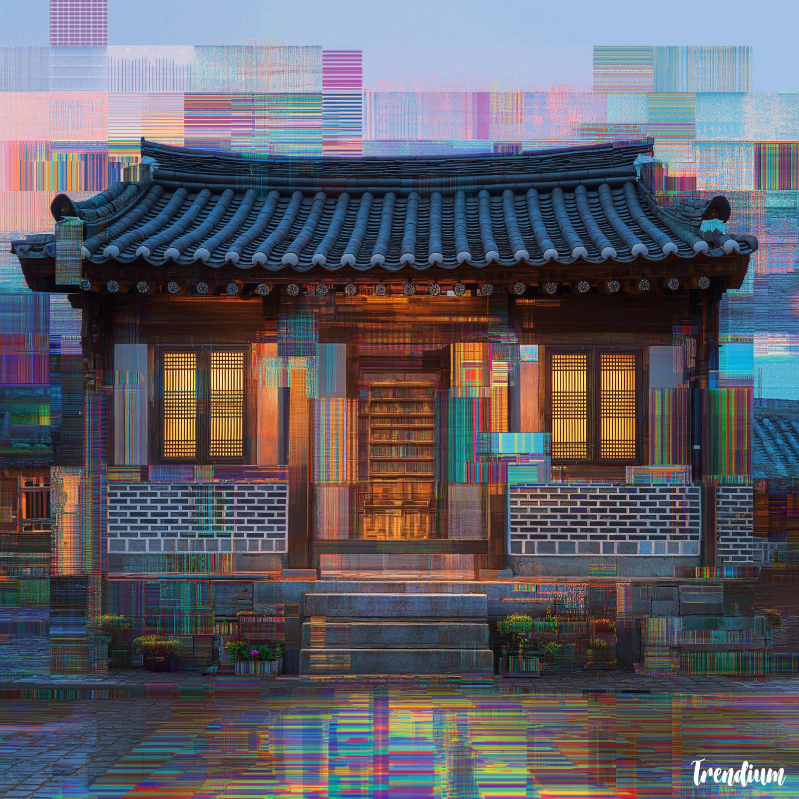 [prompt] Korean hanok facade reimagined with glitch effect and neon CRT mosaics, East-West cultural remix --v 7