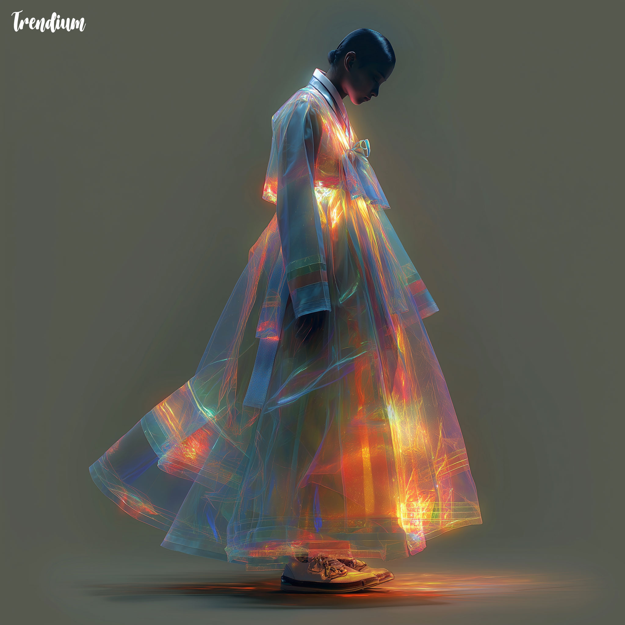 [prompt] Traditional Korean hanbok redesigned with glowing RGB glitch textures, fusion of culture and media art fashion --style raw --v 7 --stylize 300