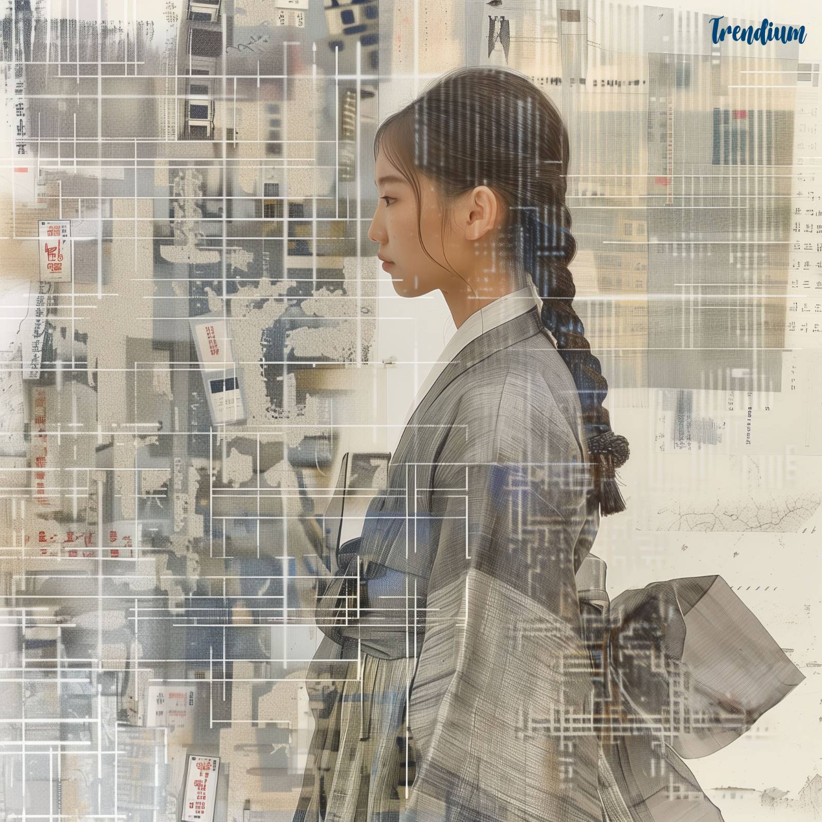 [prompt] Traditional Korean hanbok redesigned with glowing RGB glitch textures, fusion of culture and media art fashion --sref 1052295085 --style raw --stylize 300 --v 6