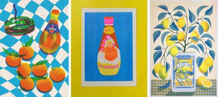 리소그래피로 출력된 작품들 왼쪽부터 베키 맨의 오렌지나, 나오미 위킨슨의 식초, 프린터 존슨 의 레몬 트리.   |   출처 : Tigers Are Better Looking