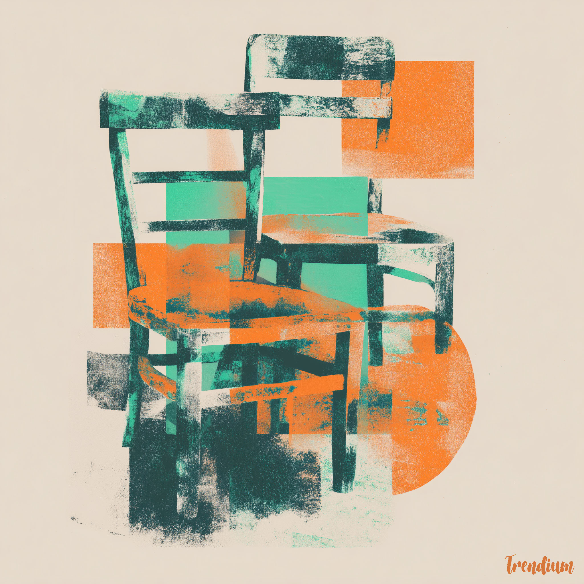 [prompt] Risograph style furniture design poster, abstract chair silhouettes in fluorescent orange + mint green layers, ink bleed texture, playful DIY mood, handmade graphic layout --v 7