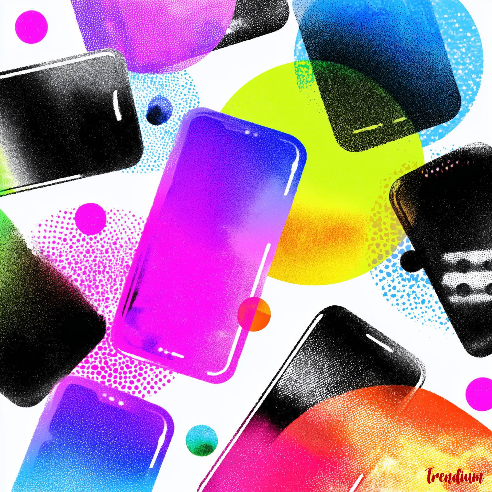 [prompt] Risograph aesthetic concept sheet for indie tech gadget, abstract smartphone silhouette with neon overlays, grainy DIY halftone dots, playful lo-fi design --v 7