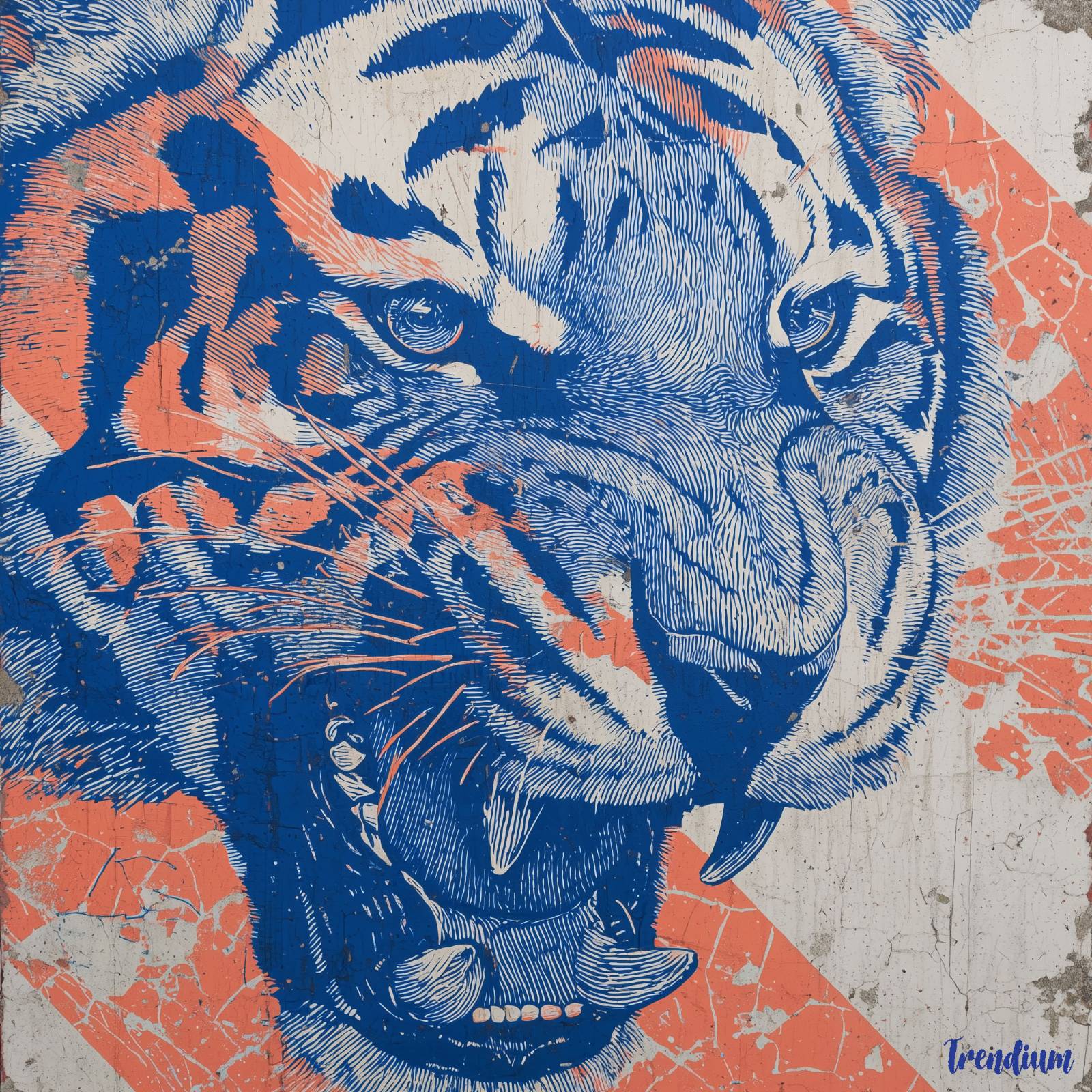 [prompt] Risograph aesthetic urban mural, Korean tiger motif with neon orange + cobalt blue inks, misregistered overlaps, rebellious lo-fi street vibe --v 7