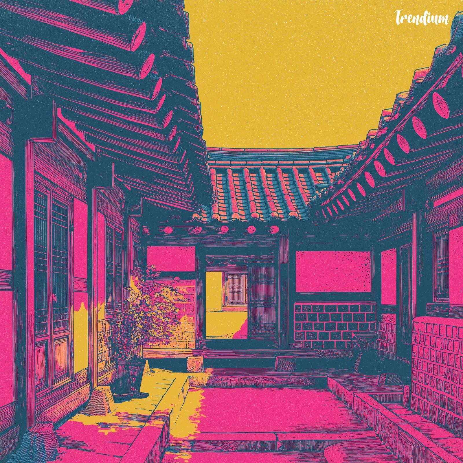 [prompt] Risograph style interior poster, traditional Korean hanok courtyard illustrated in neon pink and sunflower yellow, misaligned color layers, grainy matte paper effect --v 7