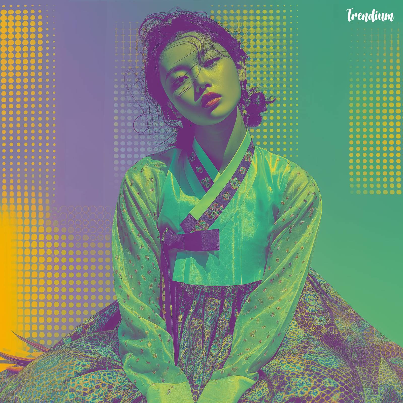 [prompt] Risograph-inspired fashion photography, modern hanbok with overlapping neon inks, pastel lavender + mint green palette, visible halftone dots, DIY indie aesthetic --style raw --v 7 --stylize 420
