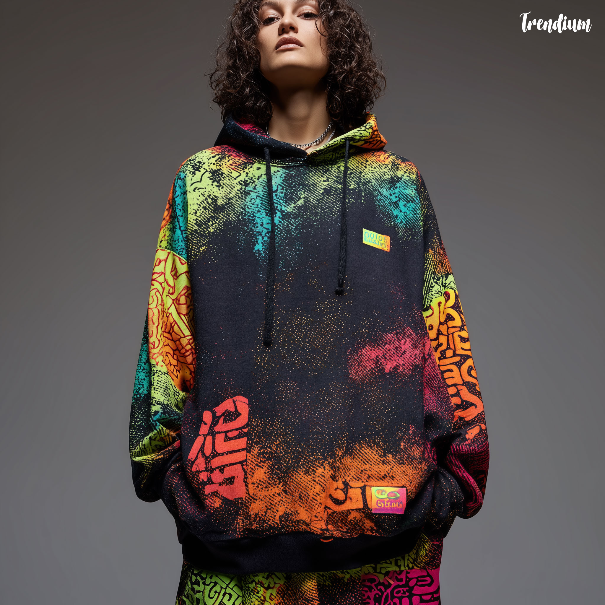 [prompt] Risograph-inspired fashion hoodie, oversized streetwear with grainy neon patterns, indie style --style raw --v 7 --stylize 200