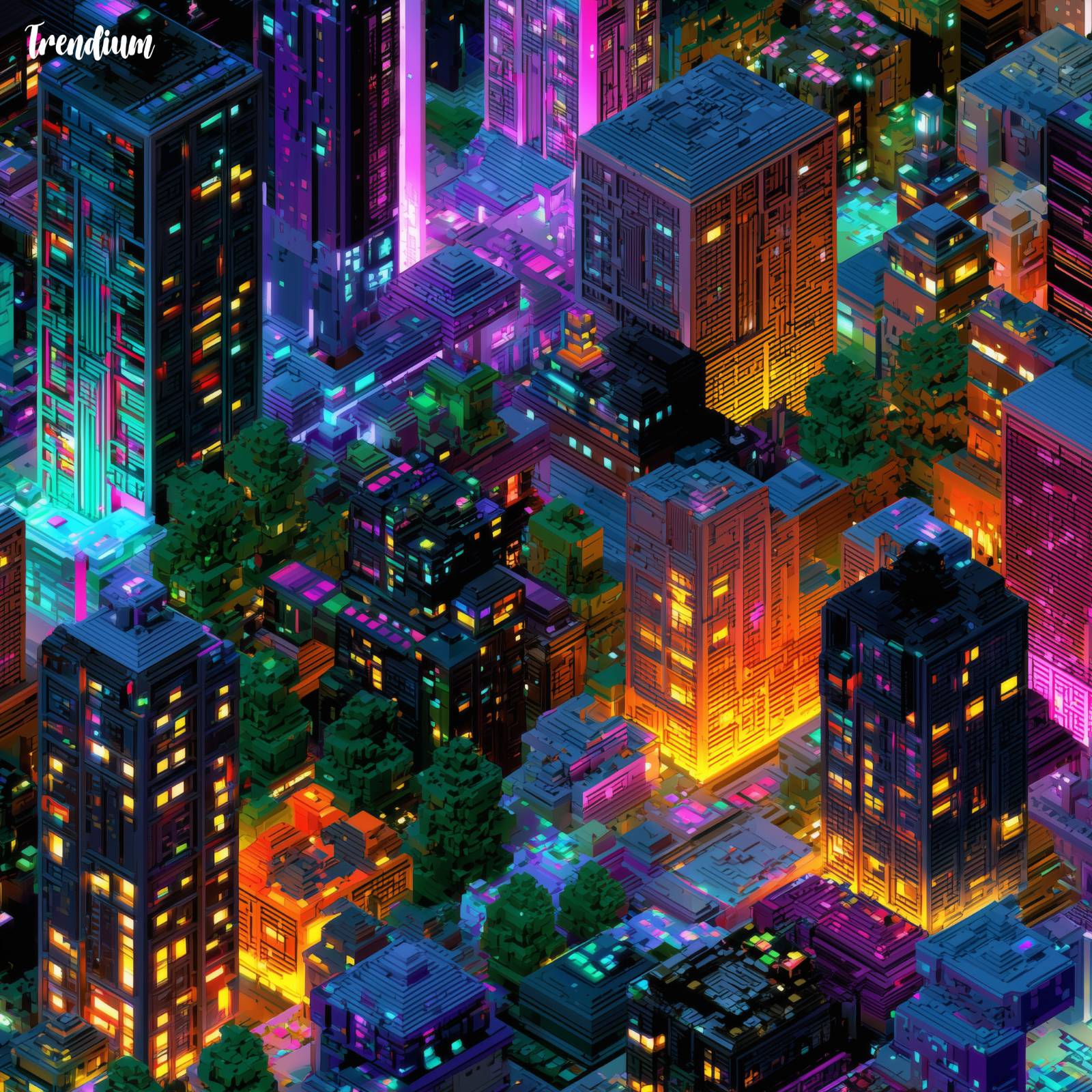 [prompt] Voxel fantasy landscape, neon cyberpunk city, isometric cubes, retro pixel art aesthetic, synthwave lighting --v 7