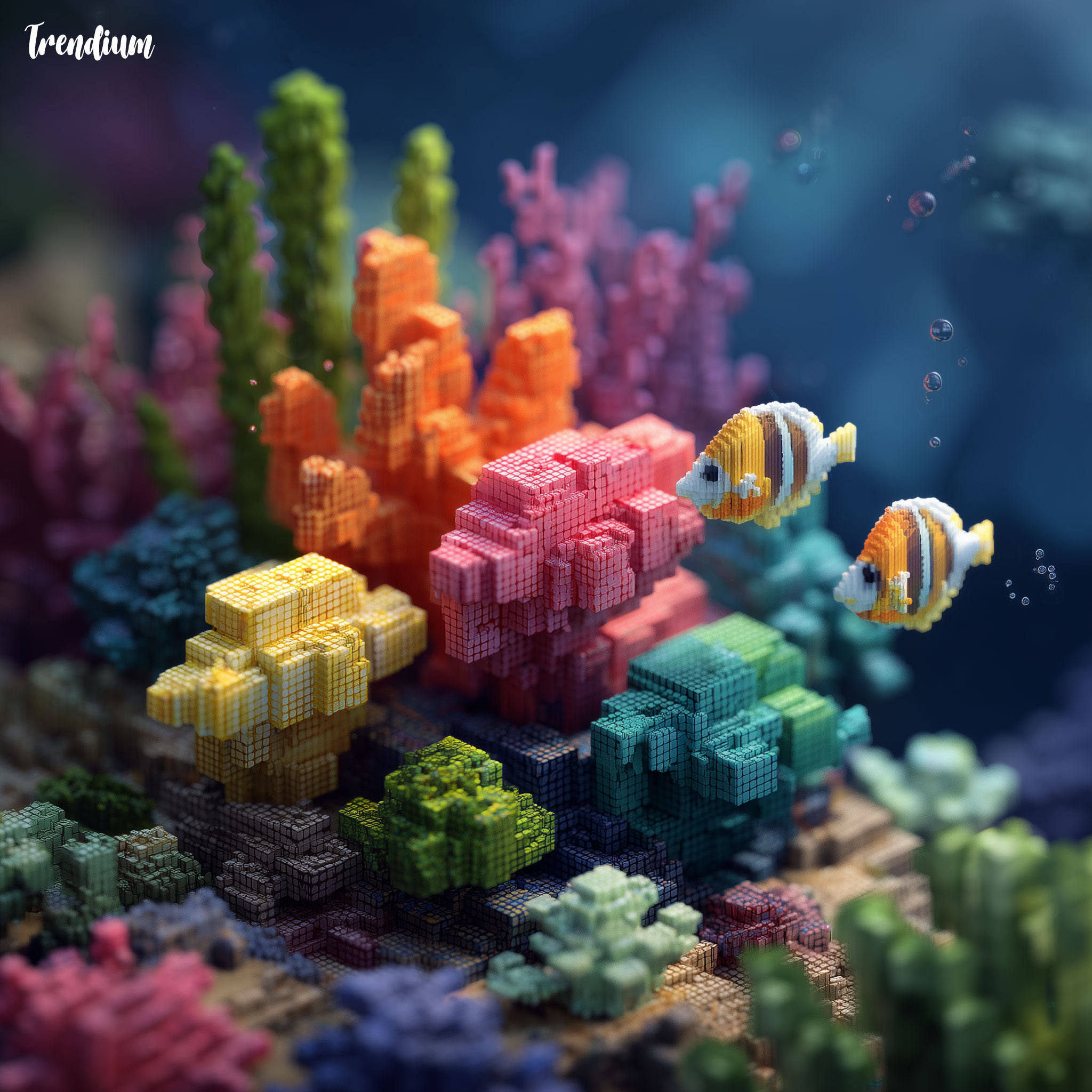 [prompt] Block-structured coral reef scene, colorful marine life made of cubes, underwater voxel art --v 7