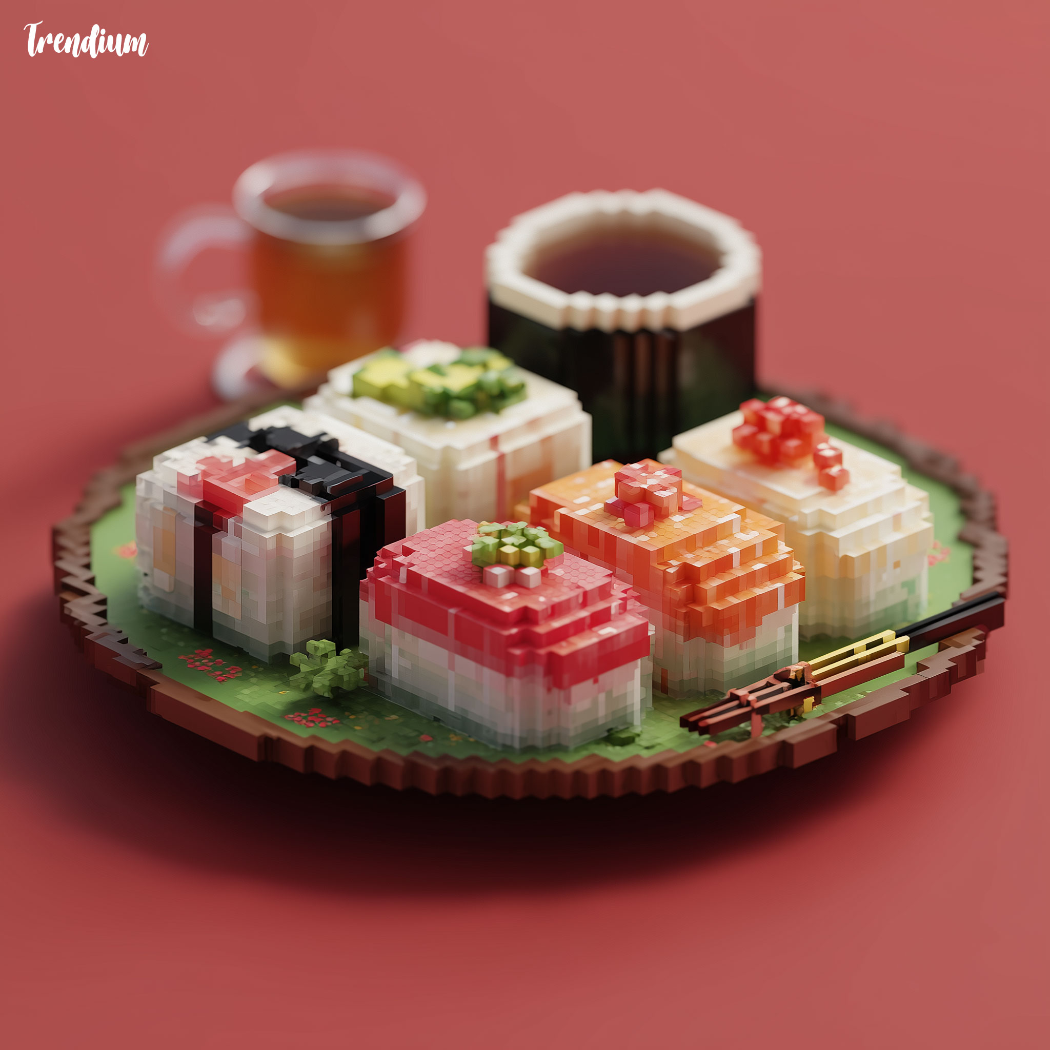 [prompt] Pixel sushi plate, voxel food design, minimal Japanese aesthetic, realistic lighting --v 7