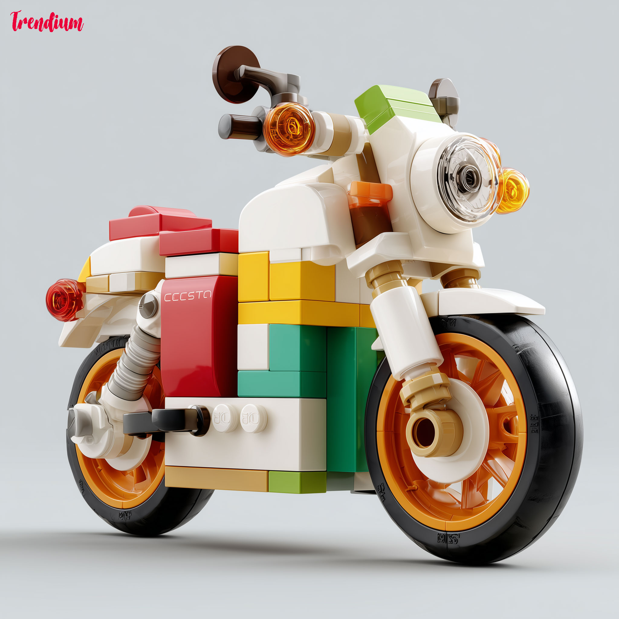 [prompt] LEGO-block inspired motorcycle design, geometric minimalism, playful bright colors --v 7 --style raw --stylize 200