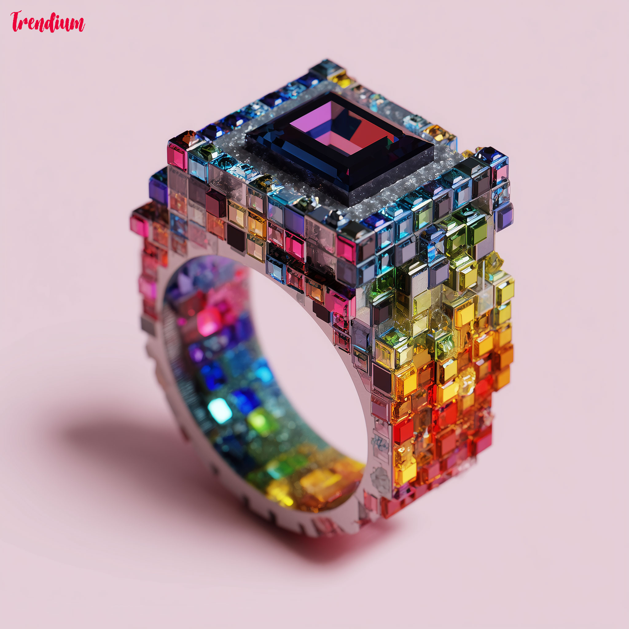 [prompt] Modular cube-shaped jewelry, voxel ring with colorful pixel gems, geometric minimalism, high-resolution close-up --v 7