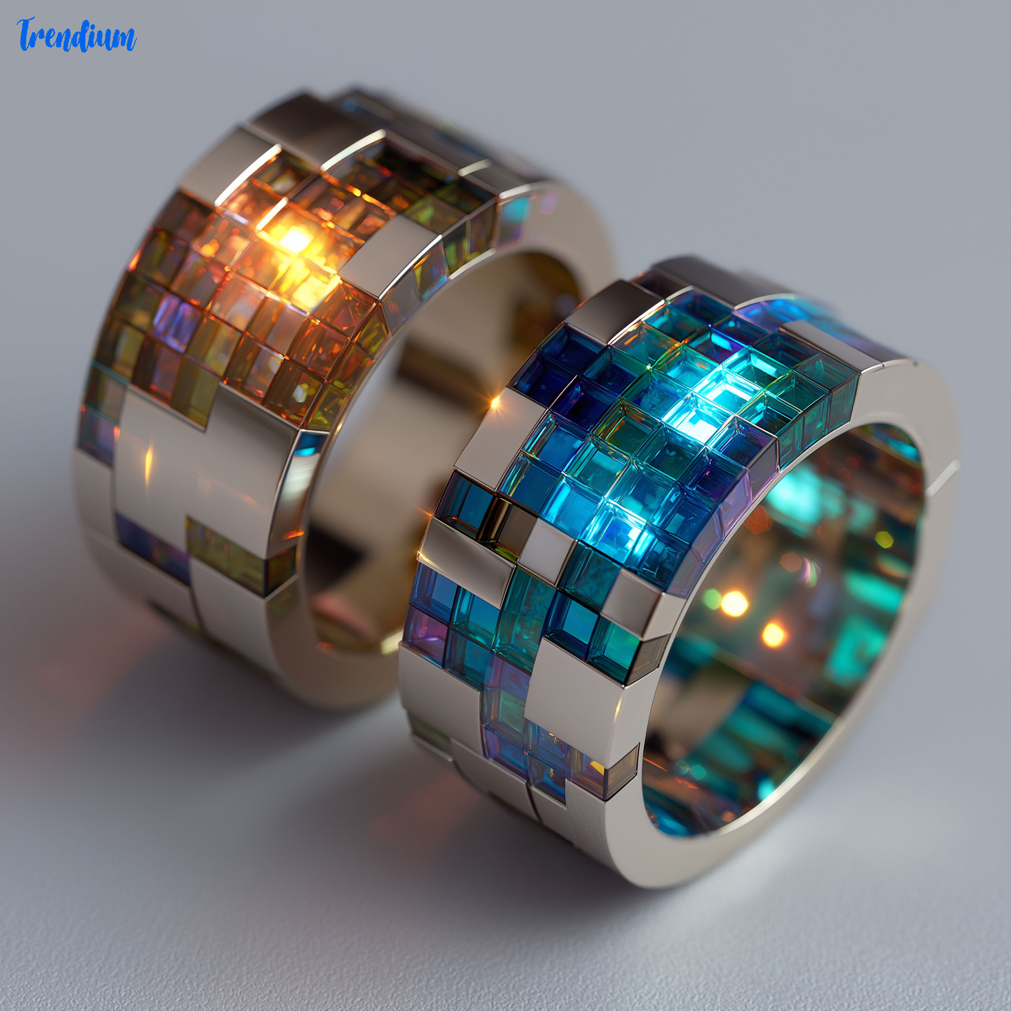 [prompt] Voxel jewelry, cube-shaped rings with pixel gems, modular minimalism, reflective textures --v 7 --style raw --stylize 200