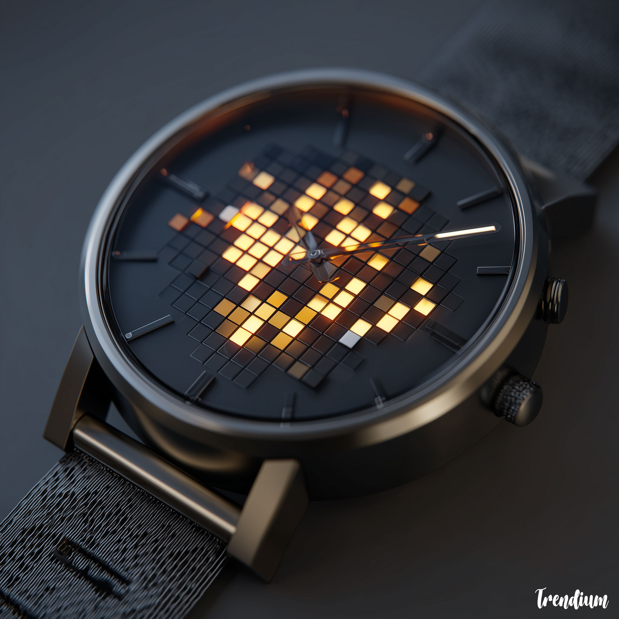 [prompt] Pixel-inspired wristwatch, voxel dial with glowing time blocks, futuristic minimal design --v 7