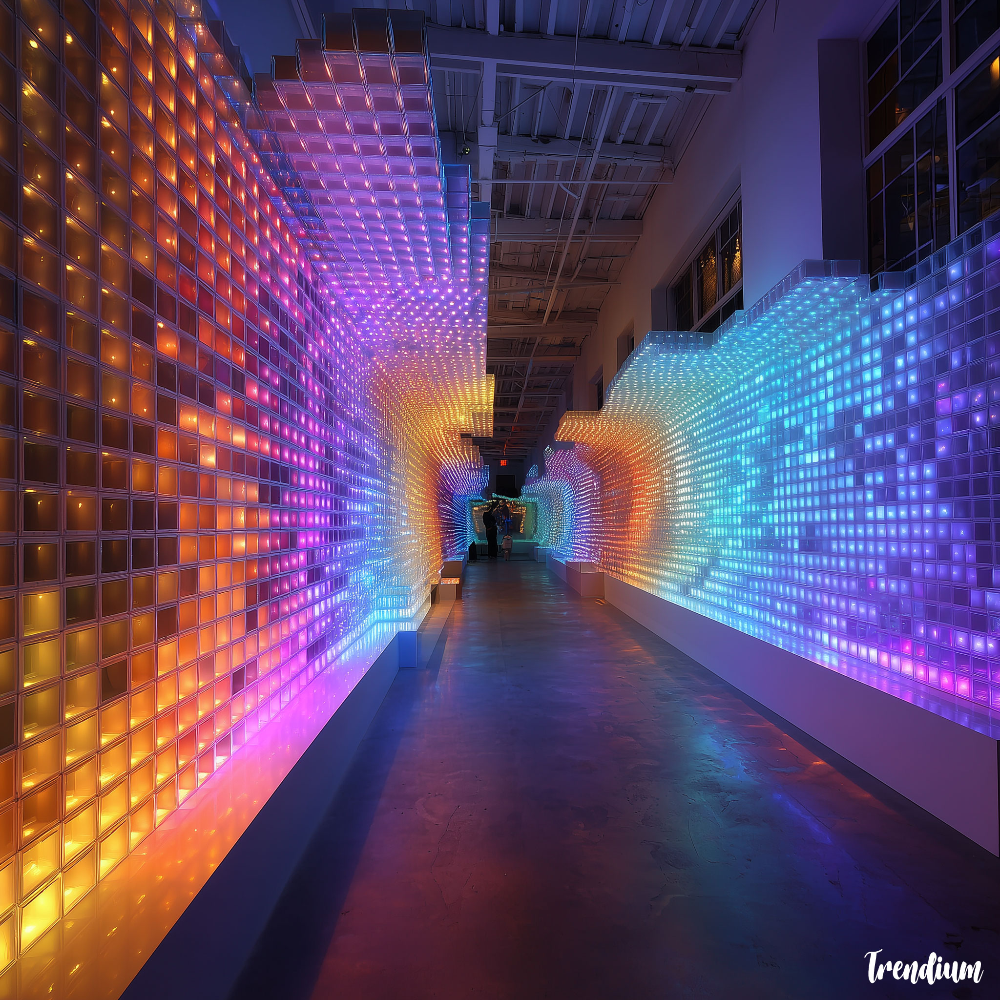 [prompt] Pixel wall art installation, RGB gradient light panels, immersive retro-futuristic space --v 7 --style raw --stylize 200