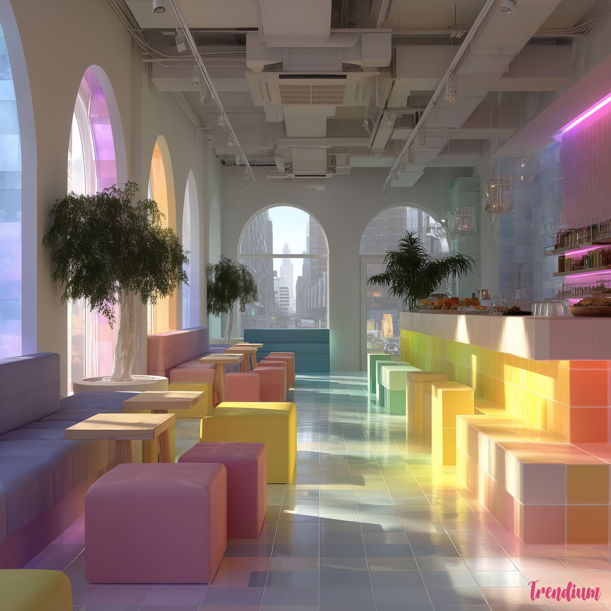 [prompt] Voxel-inspired cafe interior, neon lighting, cube-shaped seating, playful pastel palette --v 7 --style raw --stylize 200
