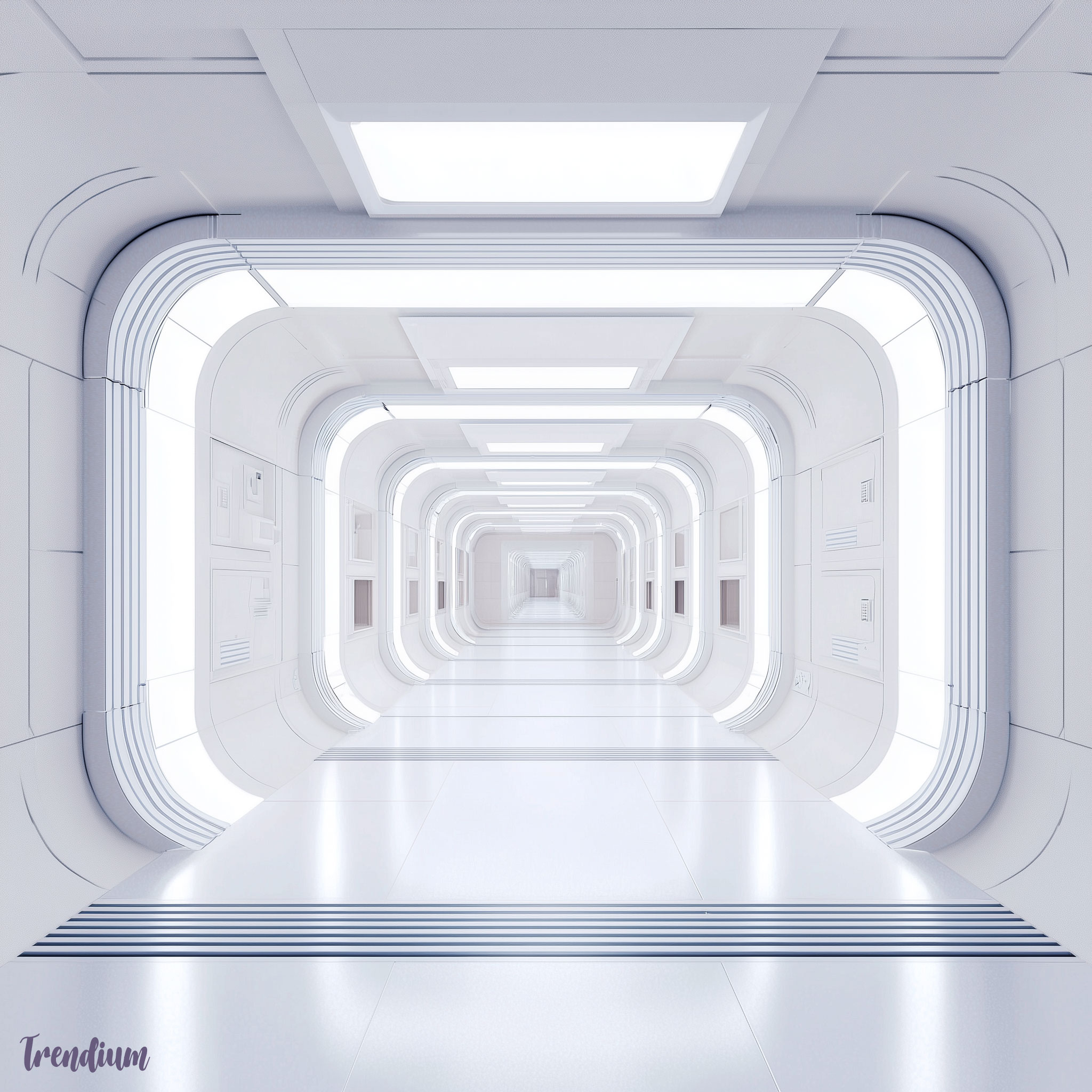 [prompt] interior design inspired by 2001: A Space Odyssey, futuristic corridor, white minimal space, precise lighting --v 7