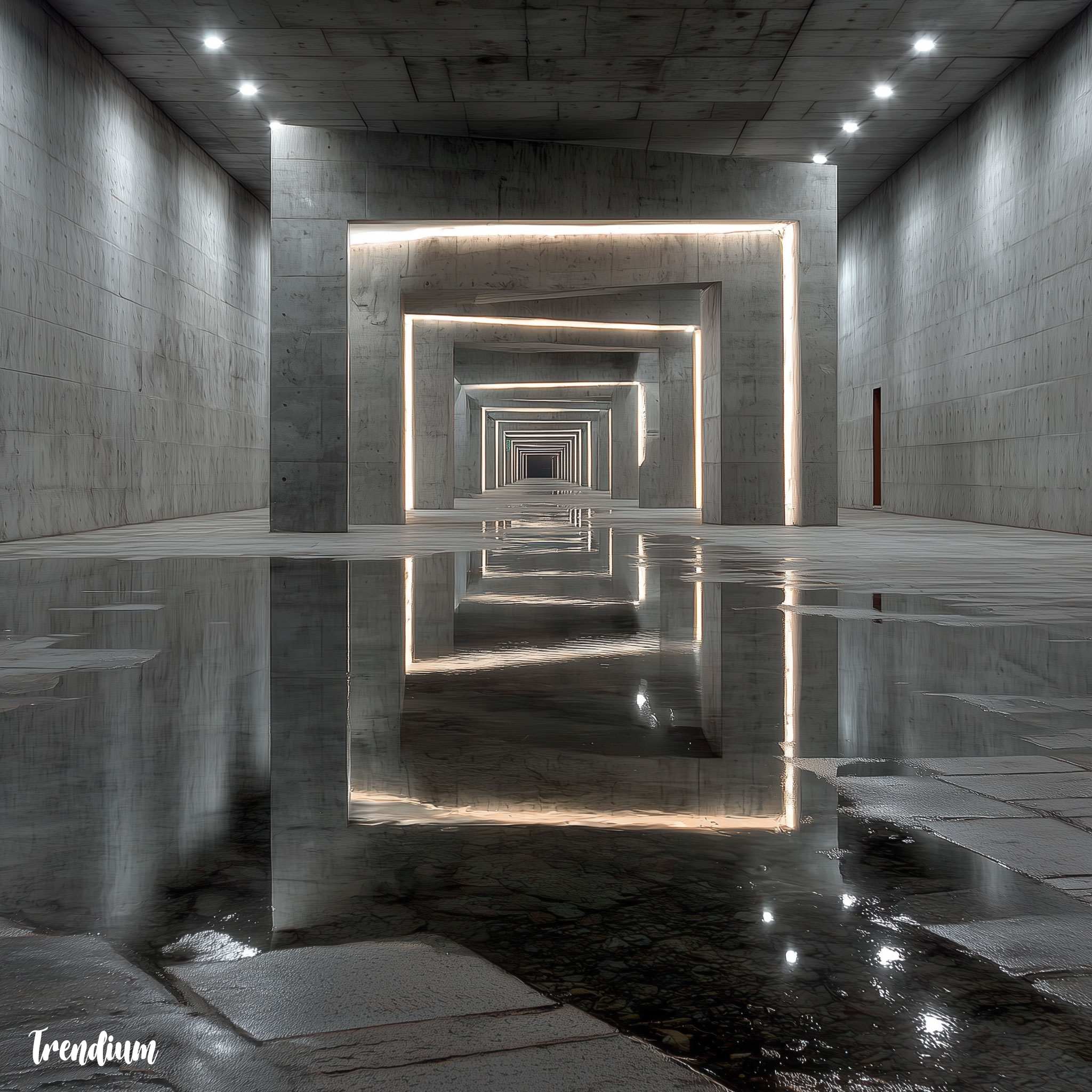 [prompt] AI architectural installation in Seoul inspired by Stanley Kubrick, minimalist concrete design, perfect corridor symmetry, cold atmosphere, reflective surface, psychological depth --v 7 --stylize 450