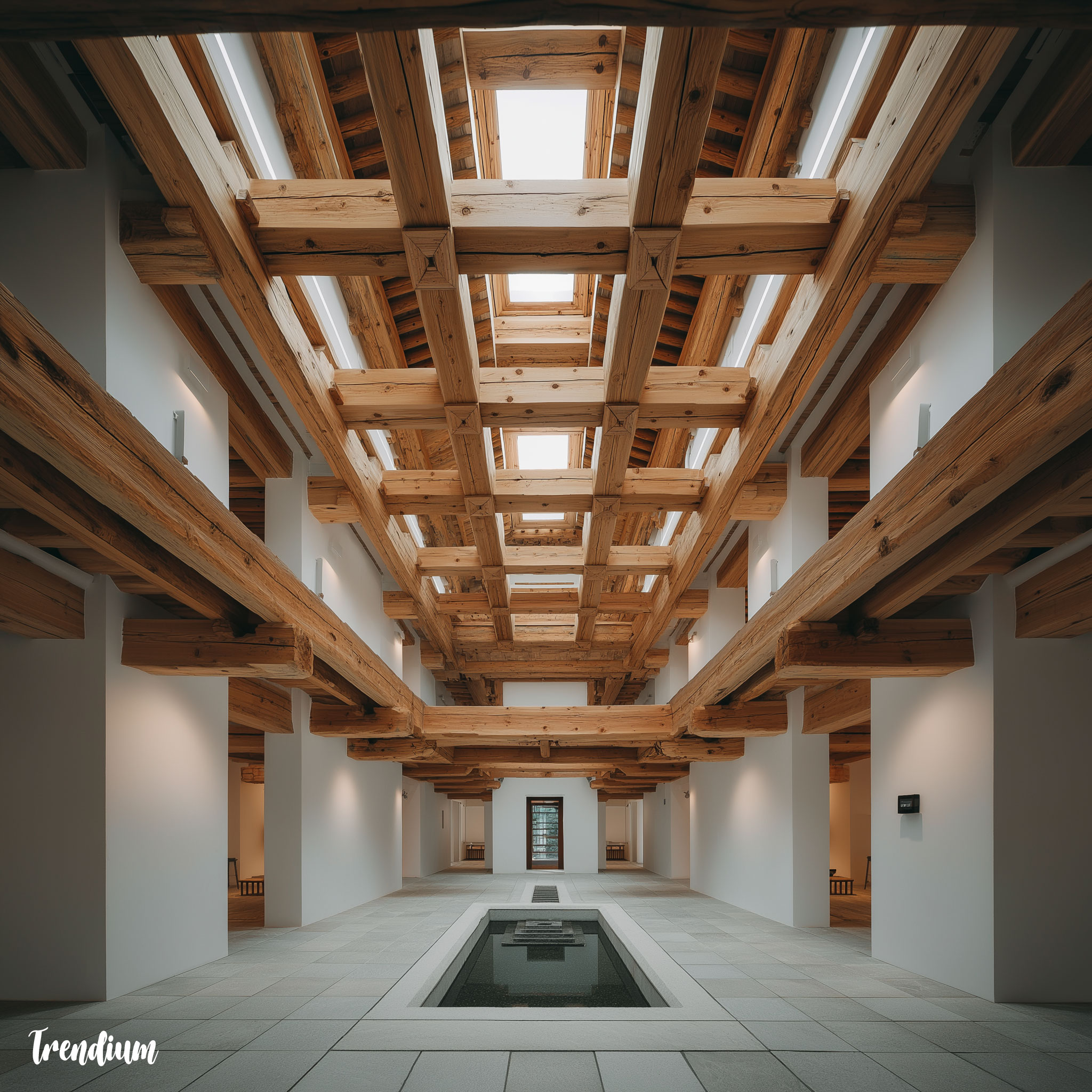 [prompt] traditional Korean hanok interior redesigned in Kubrick aesthetic, symmetrical wooden beams, cold white light, perfect geometry, serene atmosphere, minimal design --v 7 --stylize 300