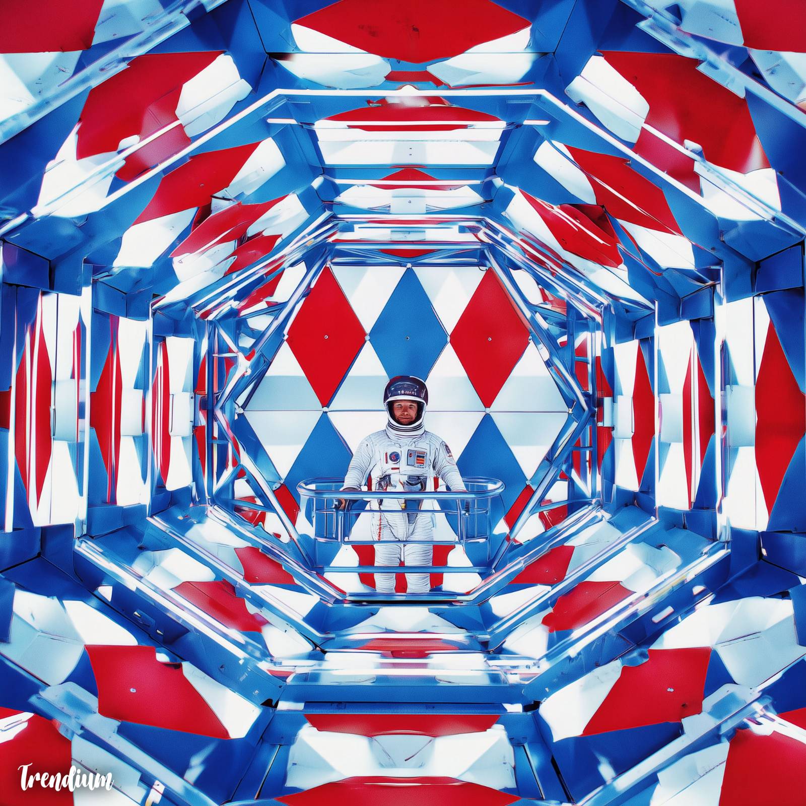 [prompt] an astronaut inside a geometrically perfect chamber, red-white-blue palette --v 7