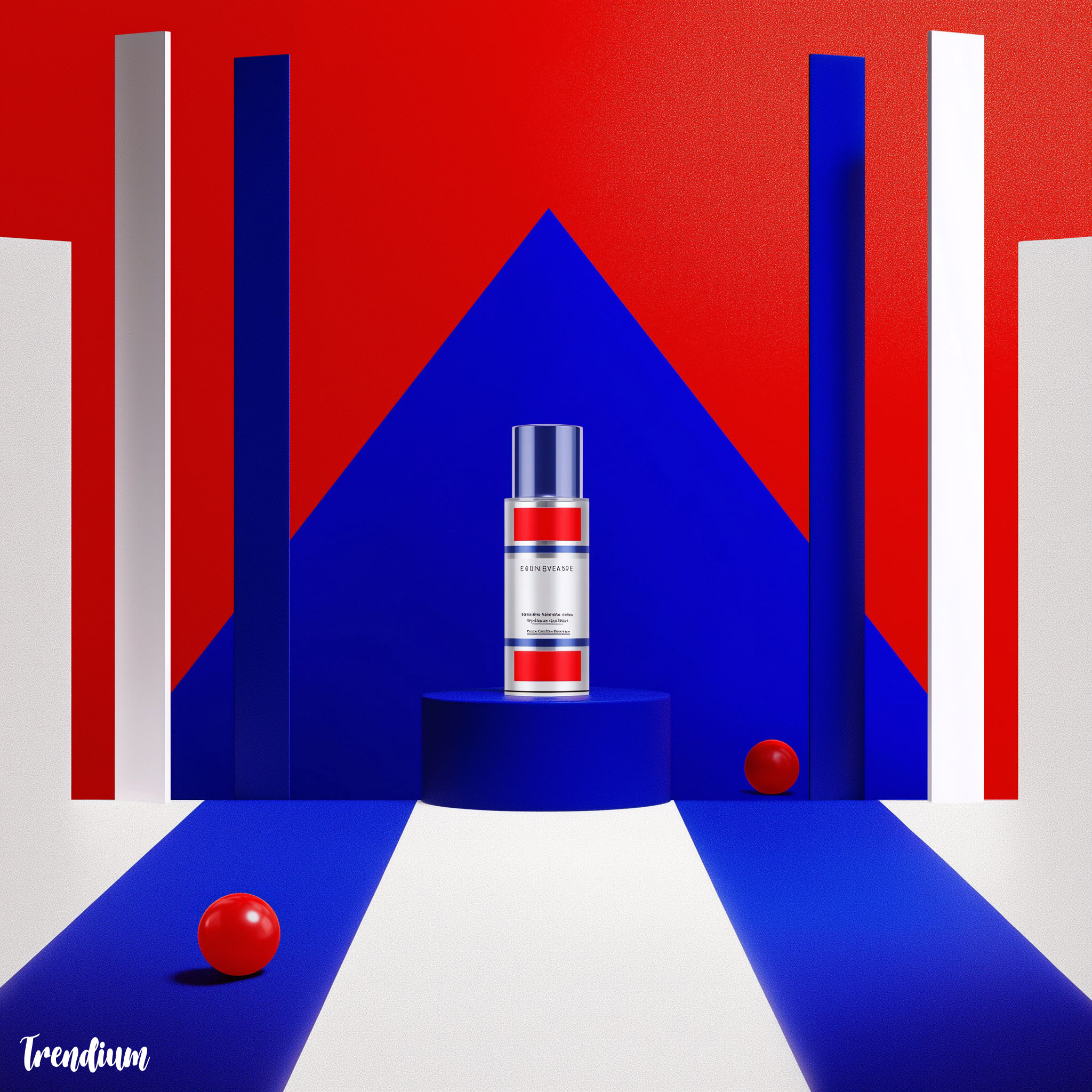 [prompt] a high-end product campaign in Kubrick aesthetic, geometric background, balanced composition, red-white-blue palette --v 7