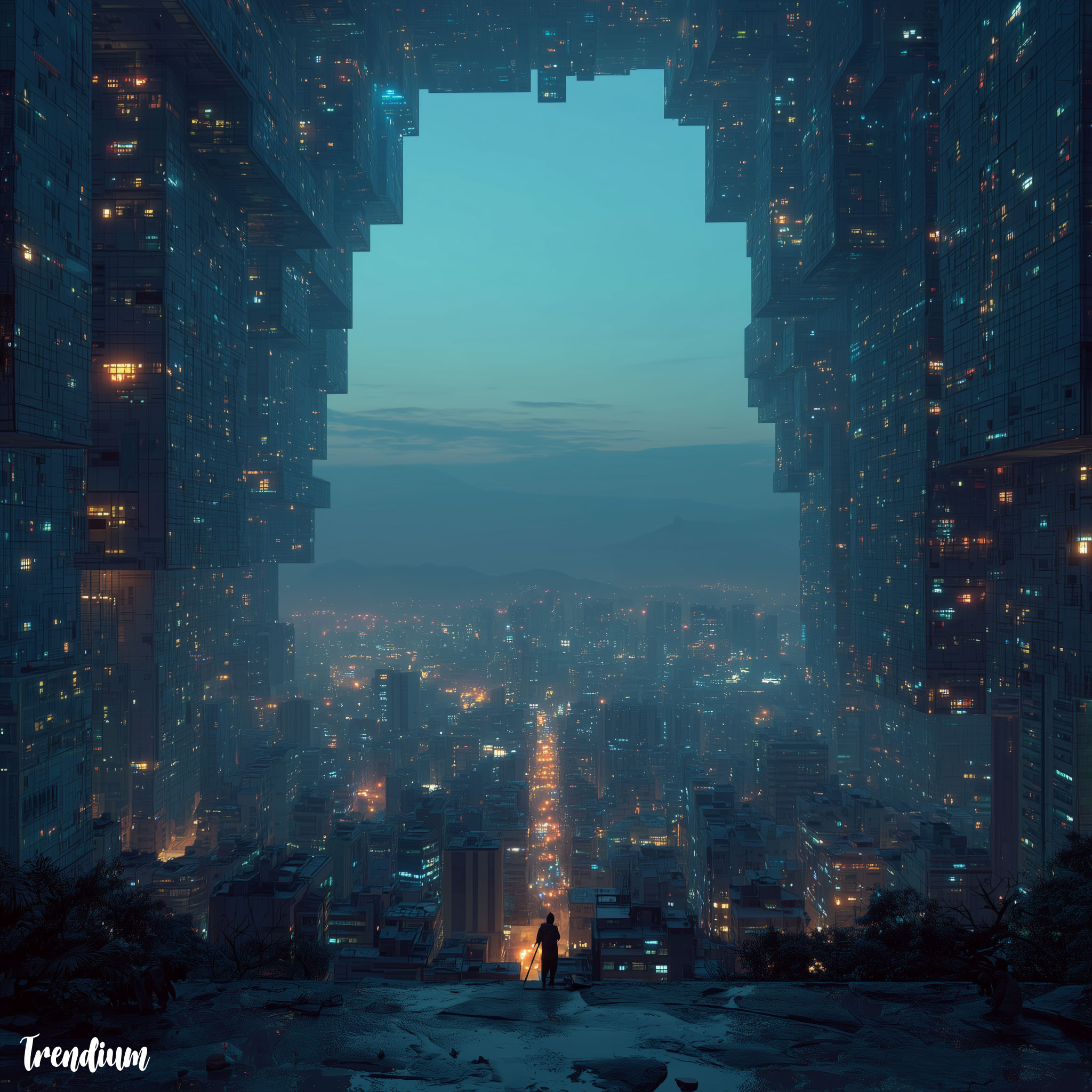 [prompt] futuristic Seoul skyline reimagined in Stanley Kubrick style, geometric skyscrapers, blue neon light, symmetrical city blocks, cinematic perspective, controlled atmosphere --v 7 --stylize 500