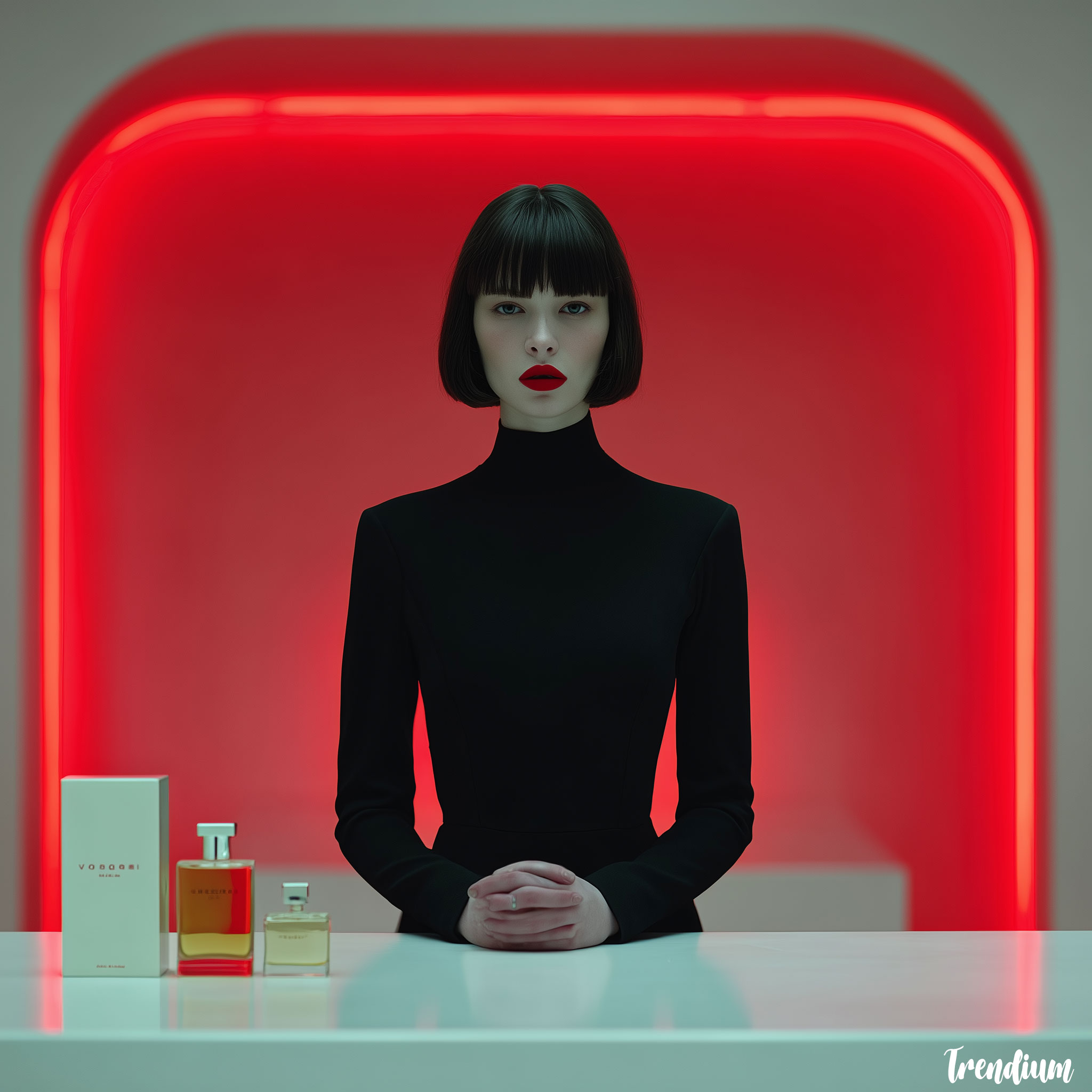 [prompt] luxury perfume advertisement in Stanley Kubrick style, perfect symmetry, sterile white space, red lighting accents, emotionless model, cinematic tension, minimalist composition --v 7 --stylize 400